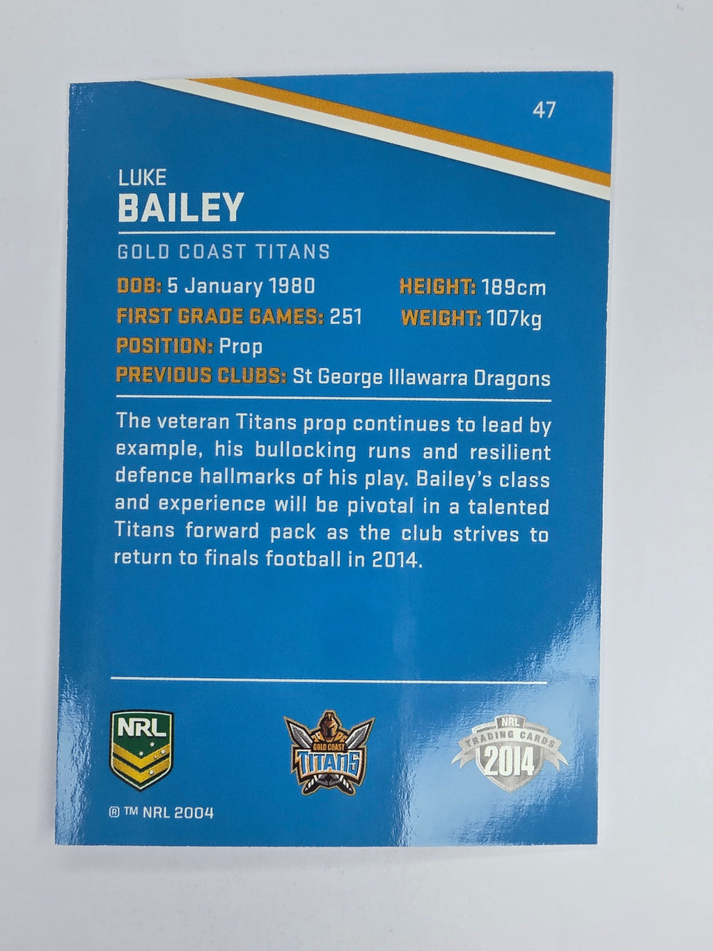 NRL 2014 Traders Base Card #47 Luke Bailey Gold Coast Titans