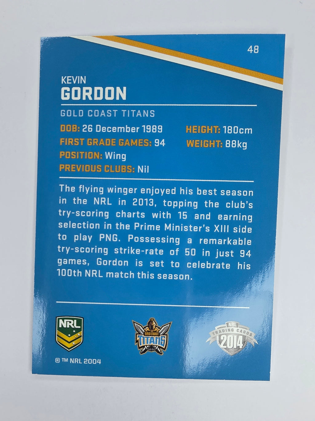 NRL 2014 Traders Base Card #48 Kevin Gordon Gold Coast Titans
