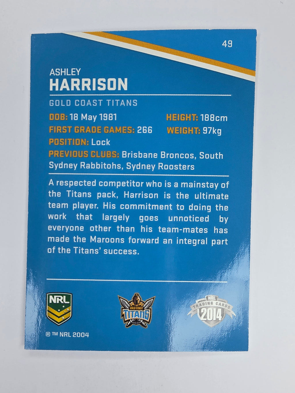 NRL 2014 Traders Base Card #49 Ashley Harrison Gold Coast Titans