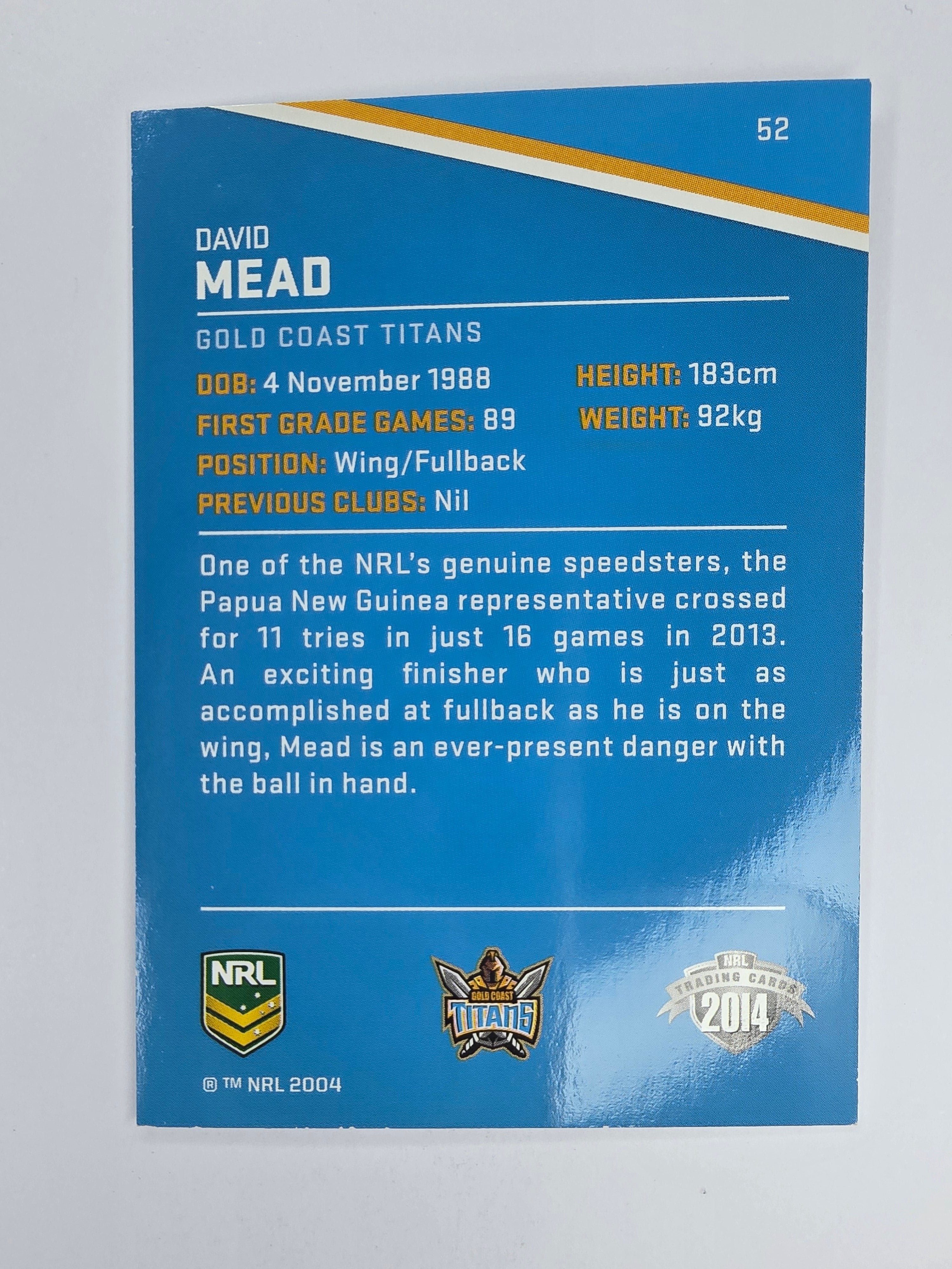 NRL 2014 Traders Base Card #52 David Mead Gold Coast Titans