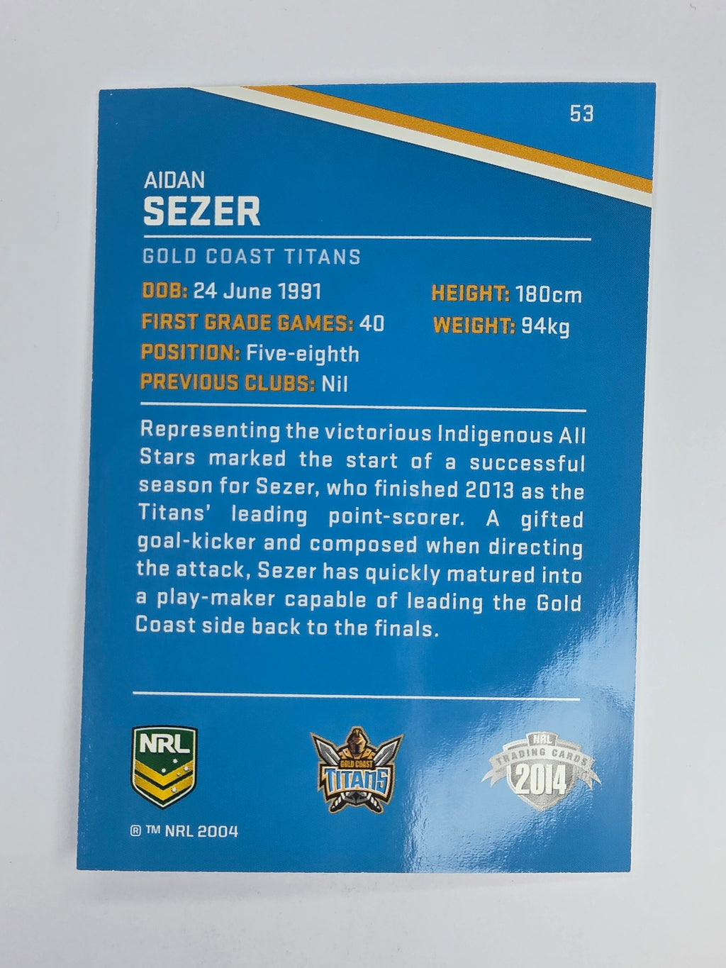 NRL 2014 Traders Base Card #53 Aidan Sezer Gold Coast Titans