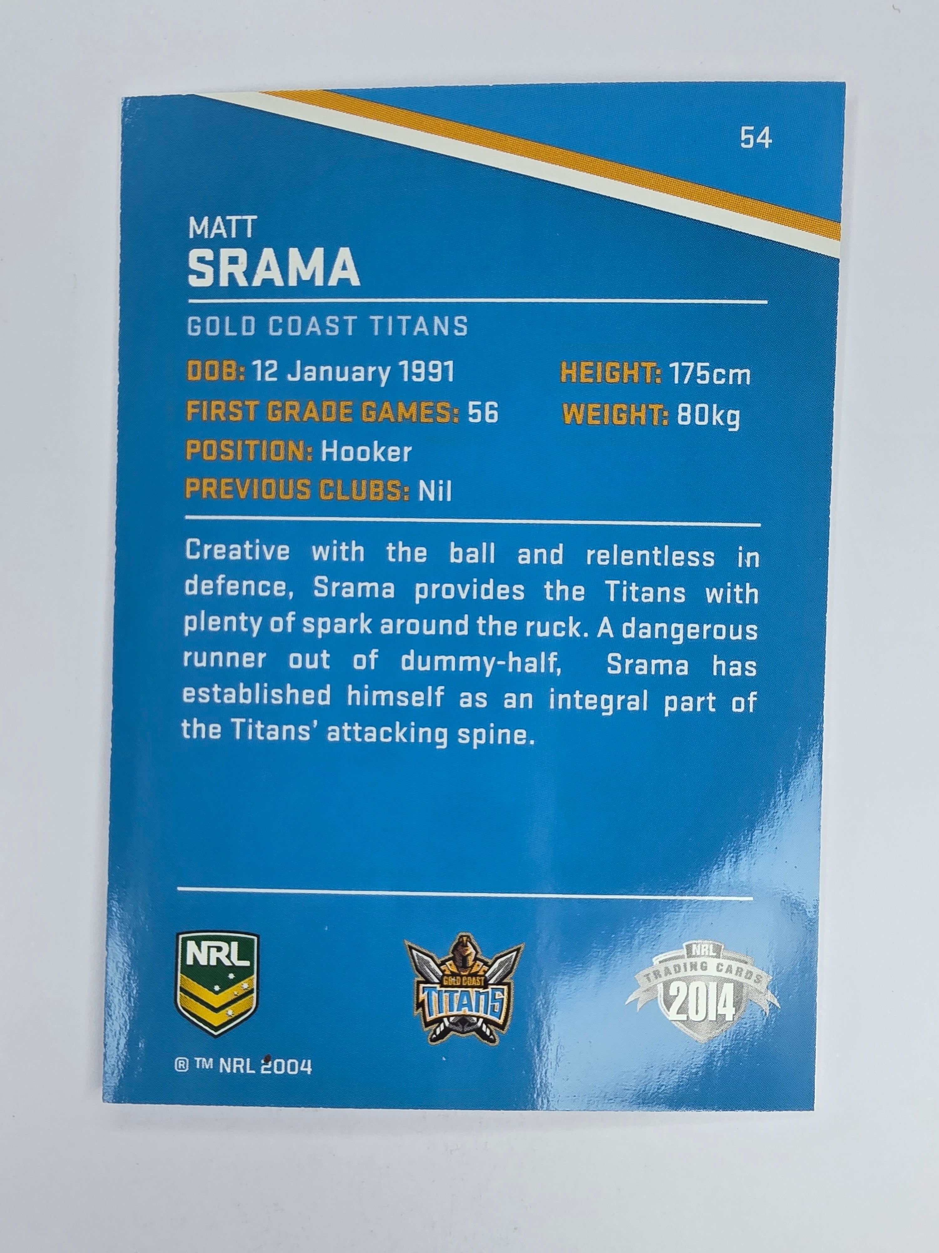 NRL 2014 Traders Base Card #54 Matt Srama Gold Coast Titans