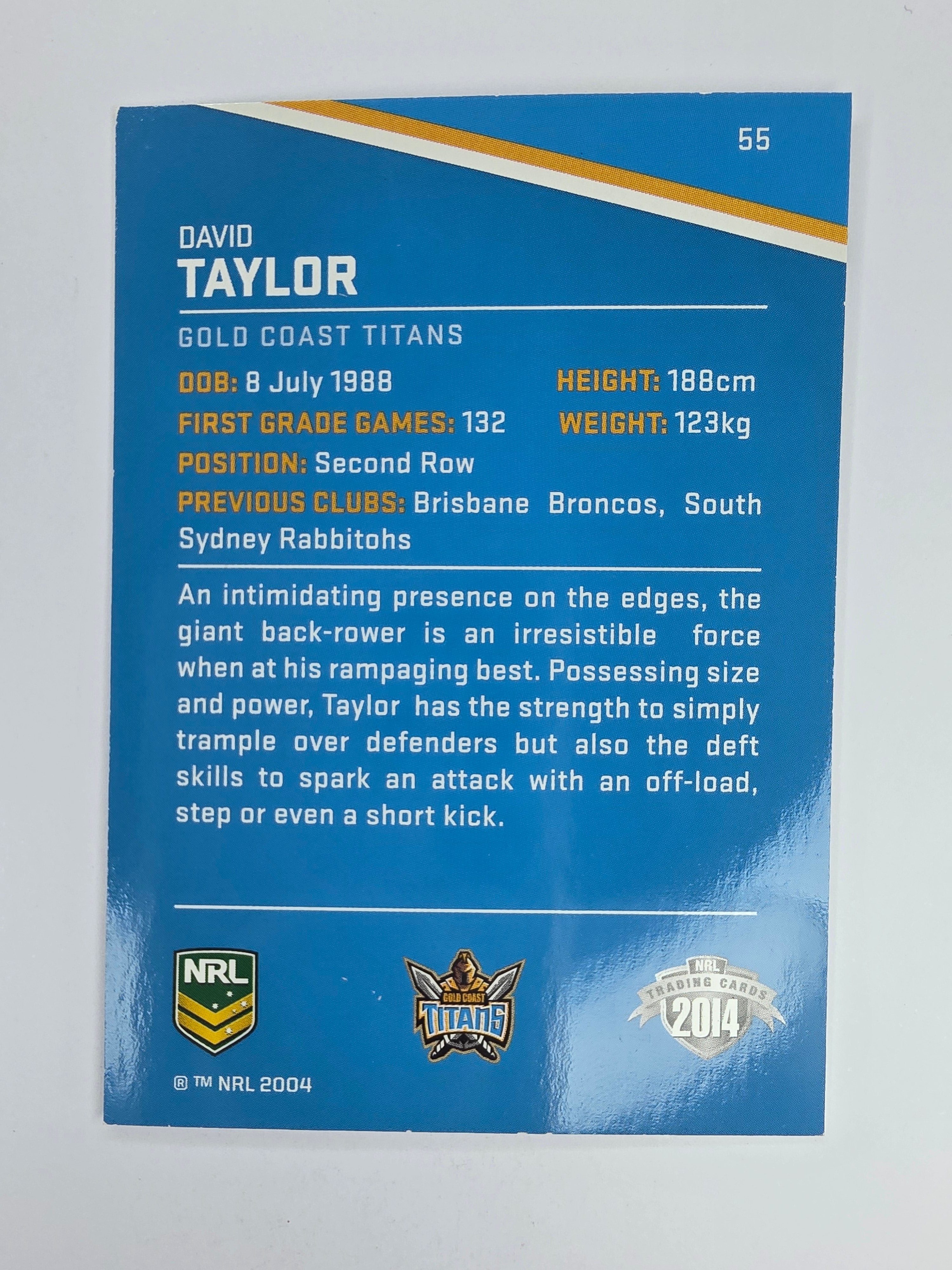 NRL 2014 Traders Base Card #55 David Taylor Gold Coast Titans