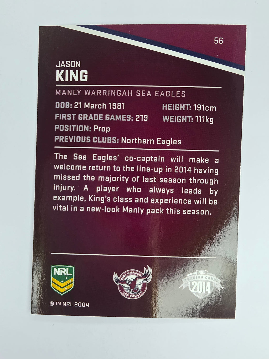 NRL 2014 Traders Base Card #56 Jason King Manly Warringah Sea Eagles