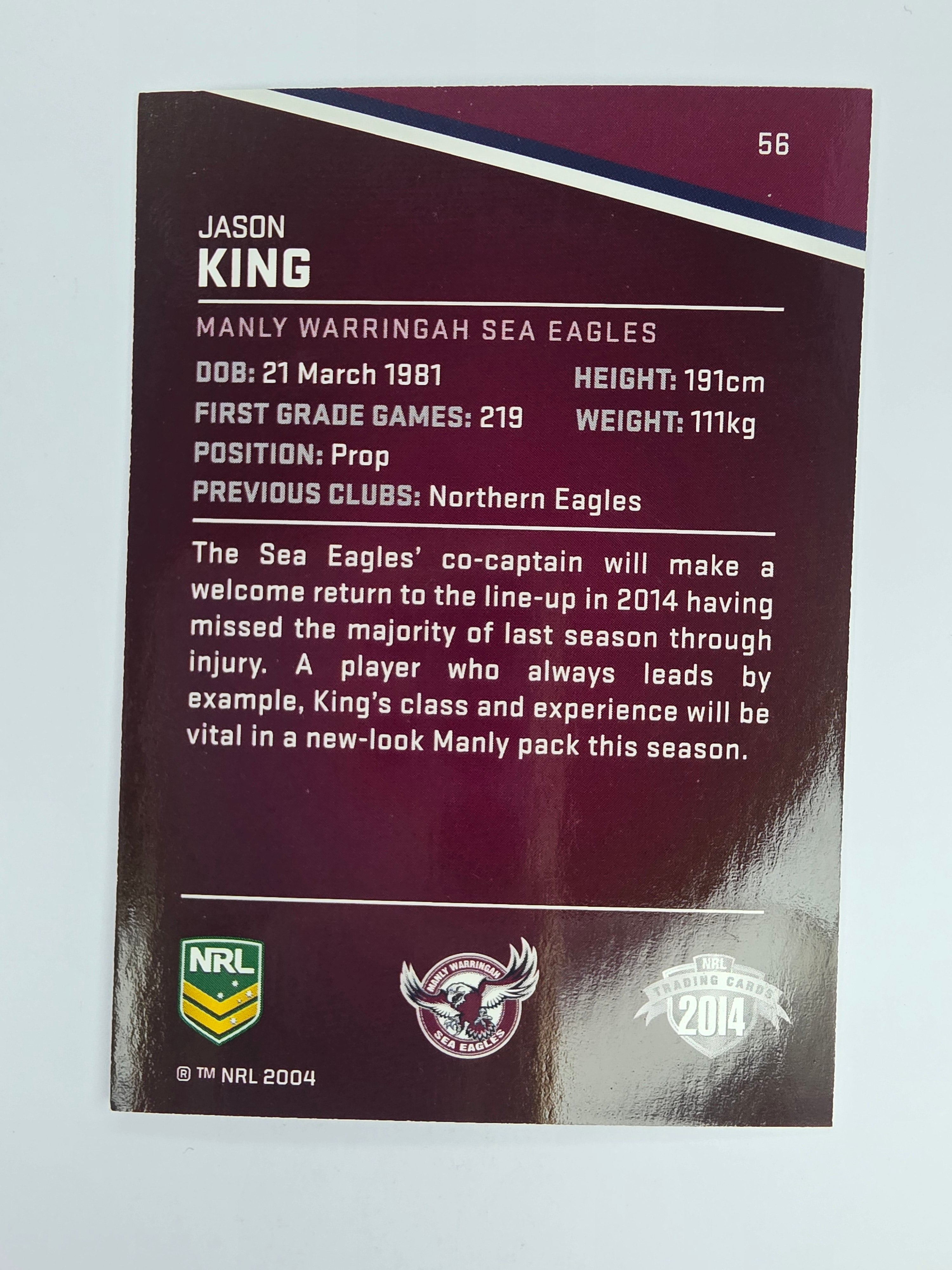NRL 2014 Traders Base Card #56 Jason King Manly Warringah Sea Eagles