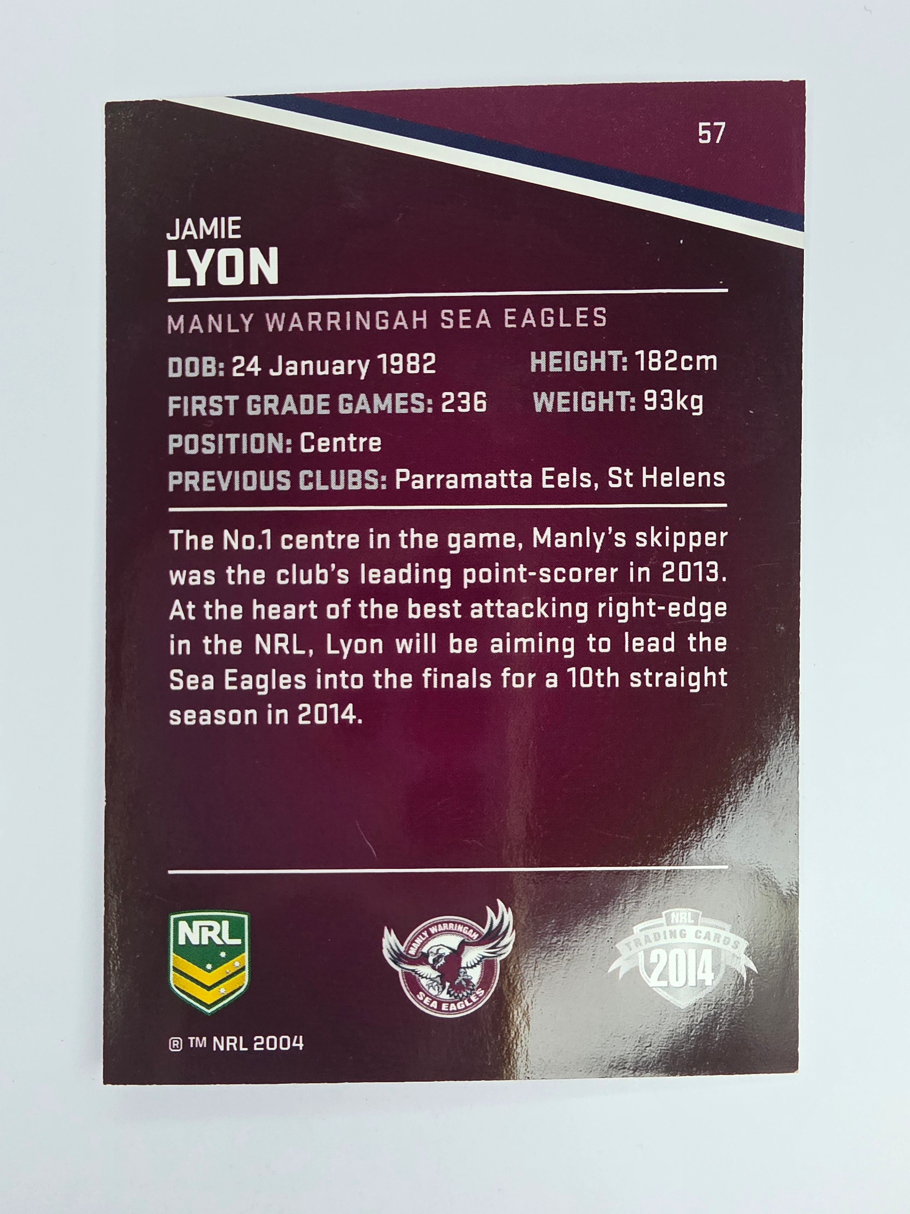 NRL 2014 Traders Base Card #57 Jamie Lyon Manly Warringah Sea Eagles
