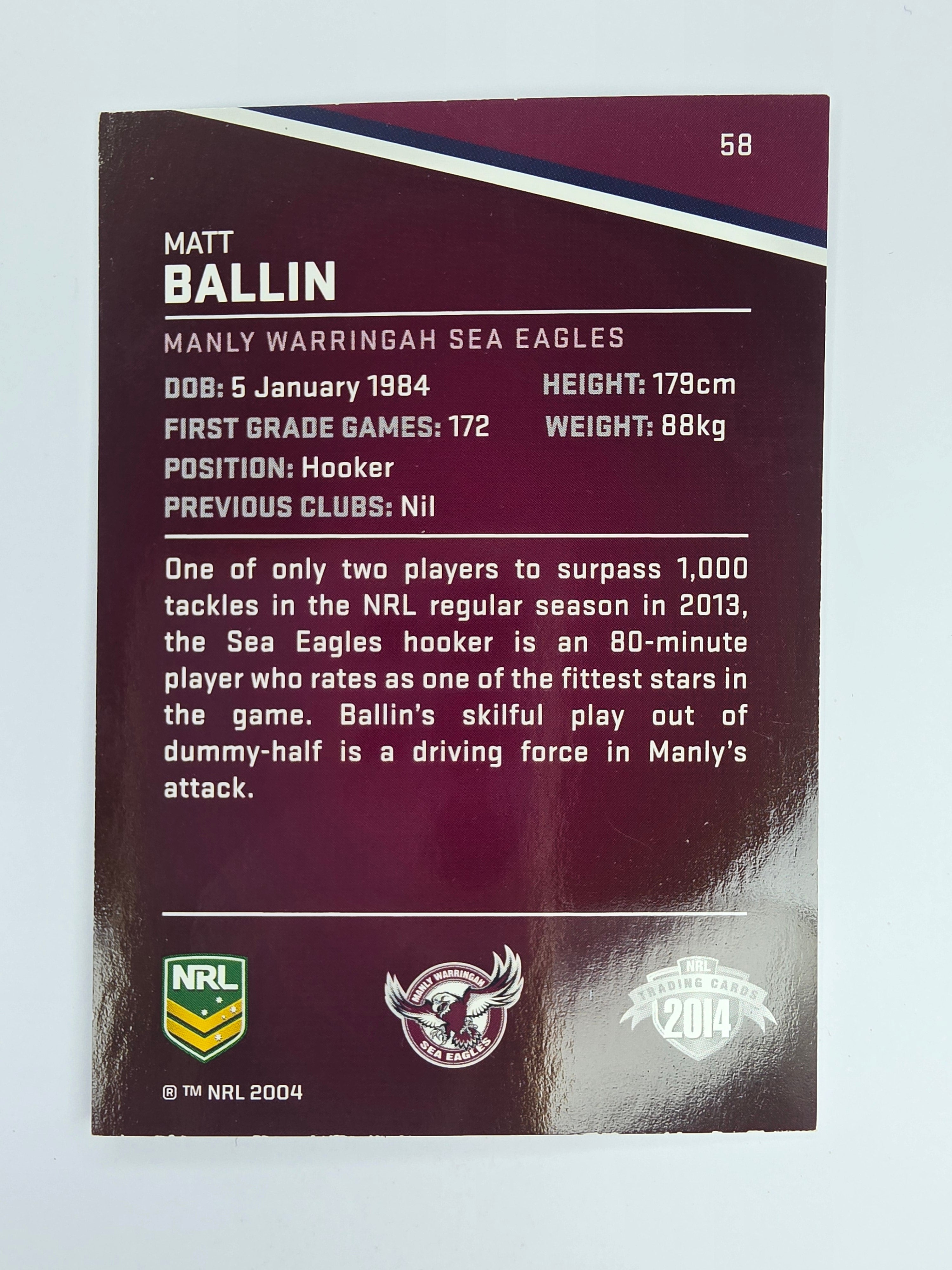 NRL 2014 Traders Base Card #58 Matt Ballin Manly Warringah Sea Eagles