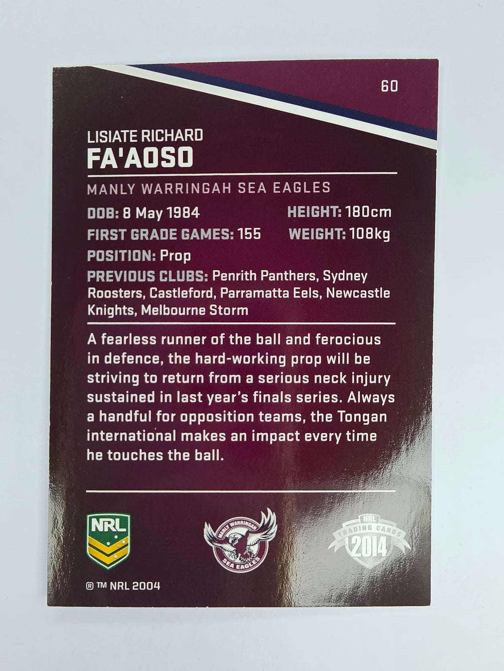 NRL 2014 Traders Base Card #60 Lisiate Fiaola Manly Warringah Sea Eagles
