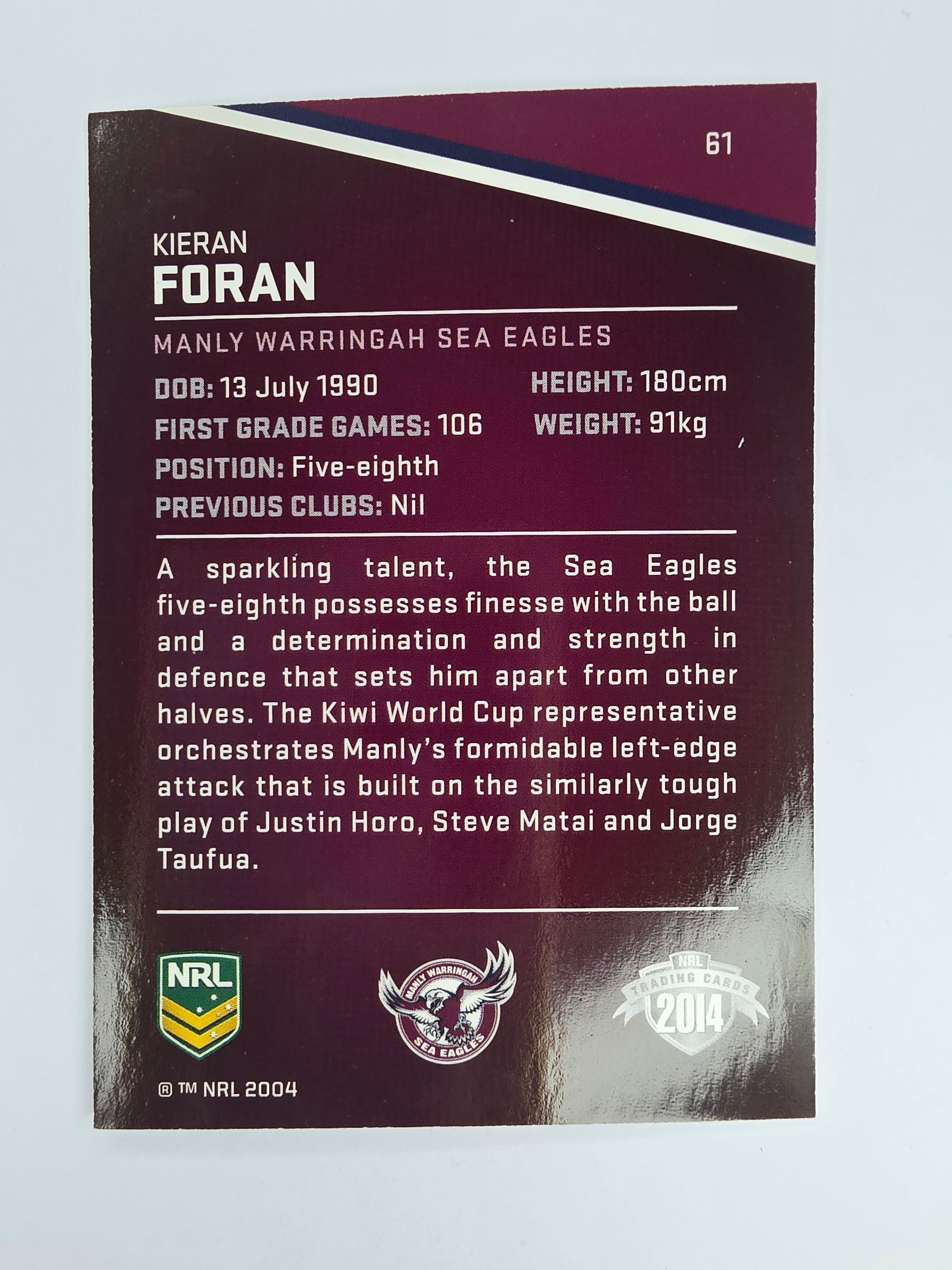 NRL 2014 Traders Base Card #61 Kieran Foran Manly Warringah Sea Eagles