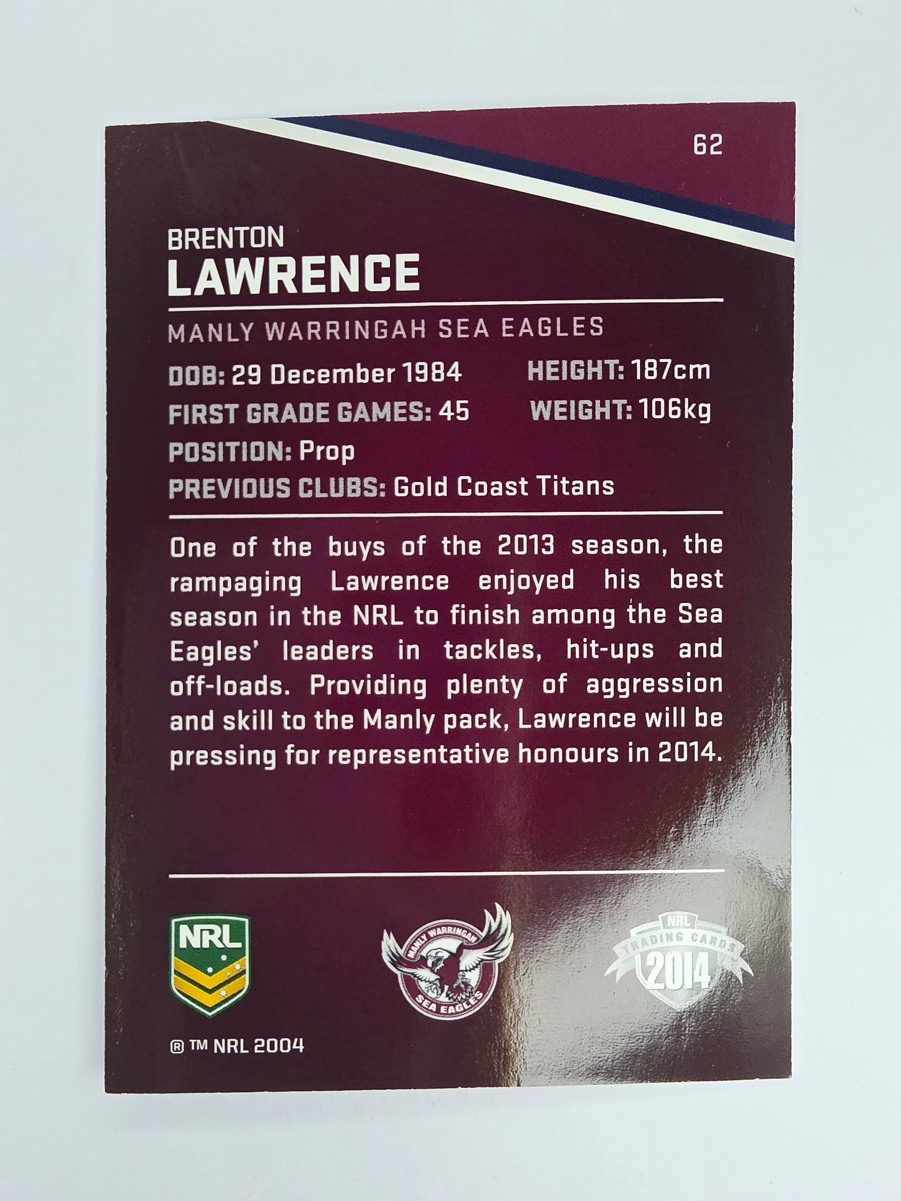 NRL 2014 Traders Base Card #62 Brenton Lawrence Manly Warringah Sea Eagles