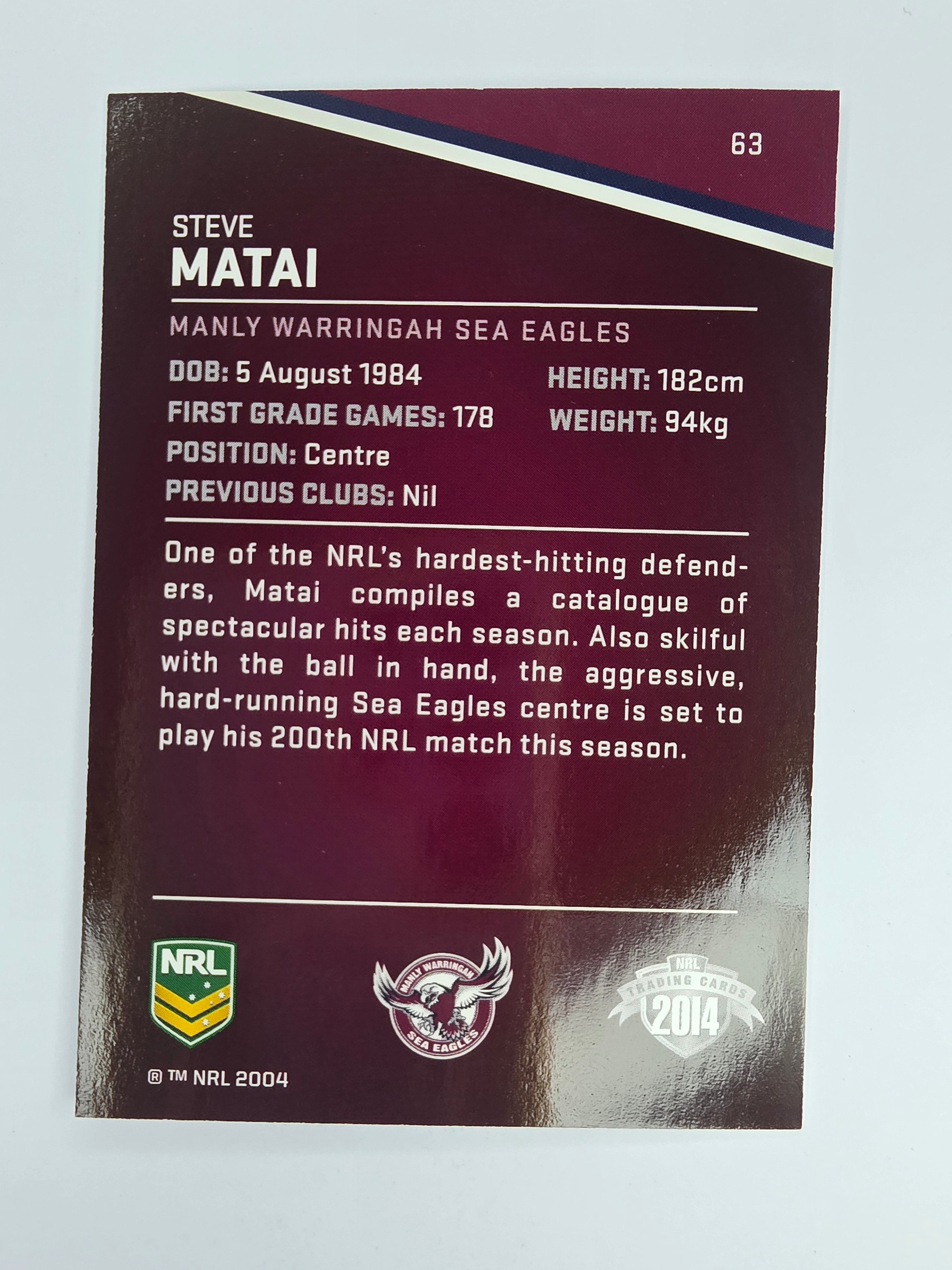 NRL 2014 Traders Base Card #63 Steve Matai Manly Warringah Sea Eagles