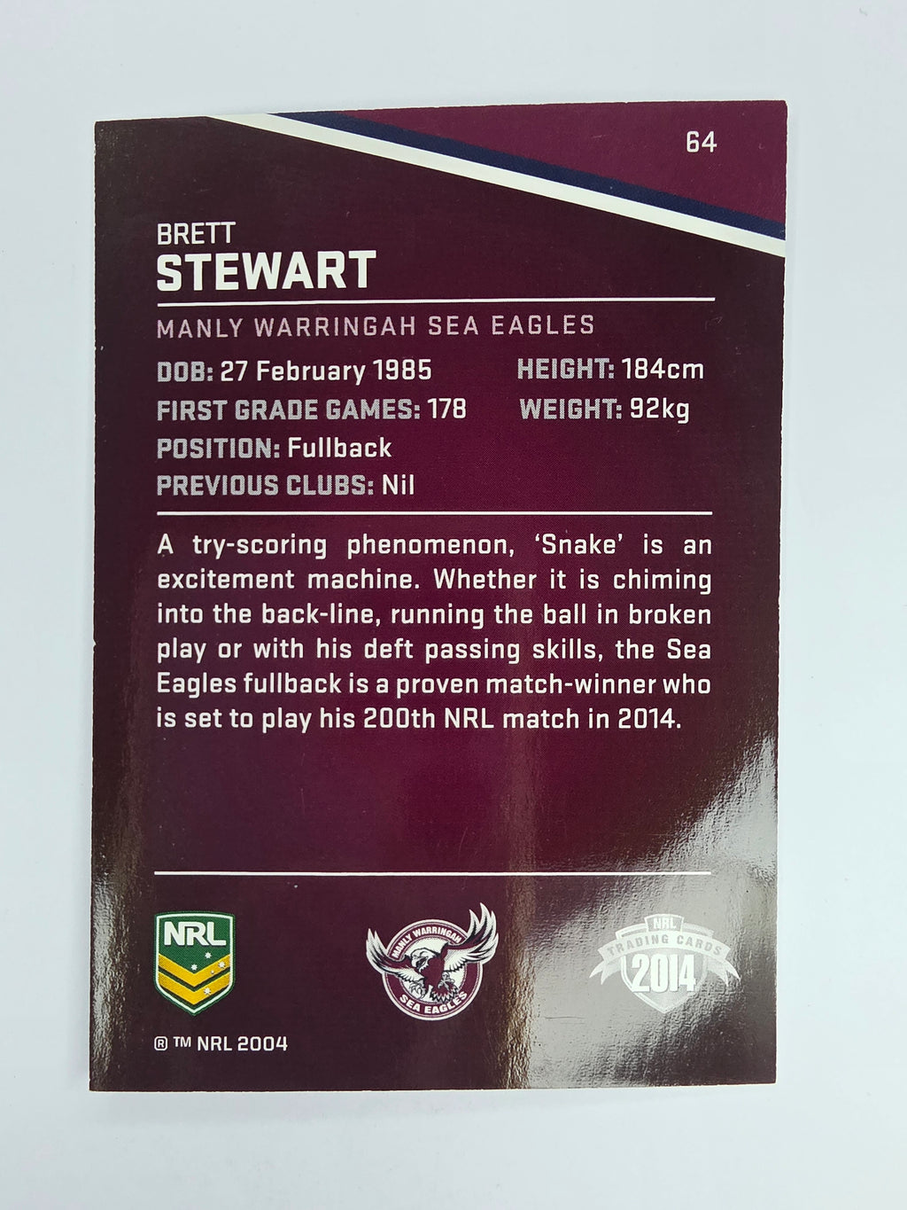 NRL 2014 Traders Base Card #64 Brett Stewart Manly Warringah Sea Eagles