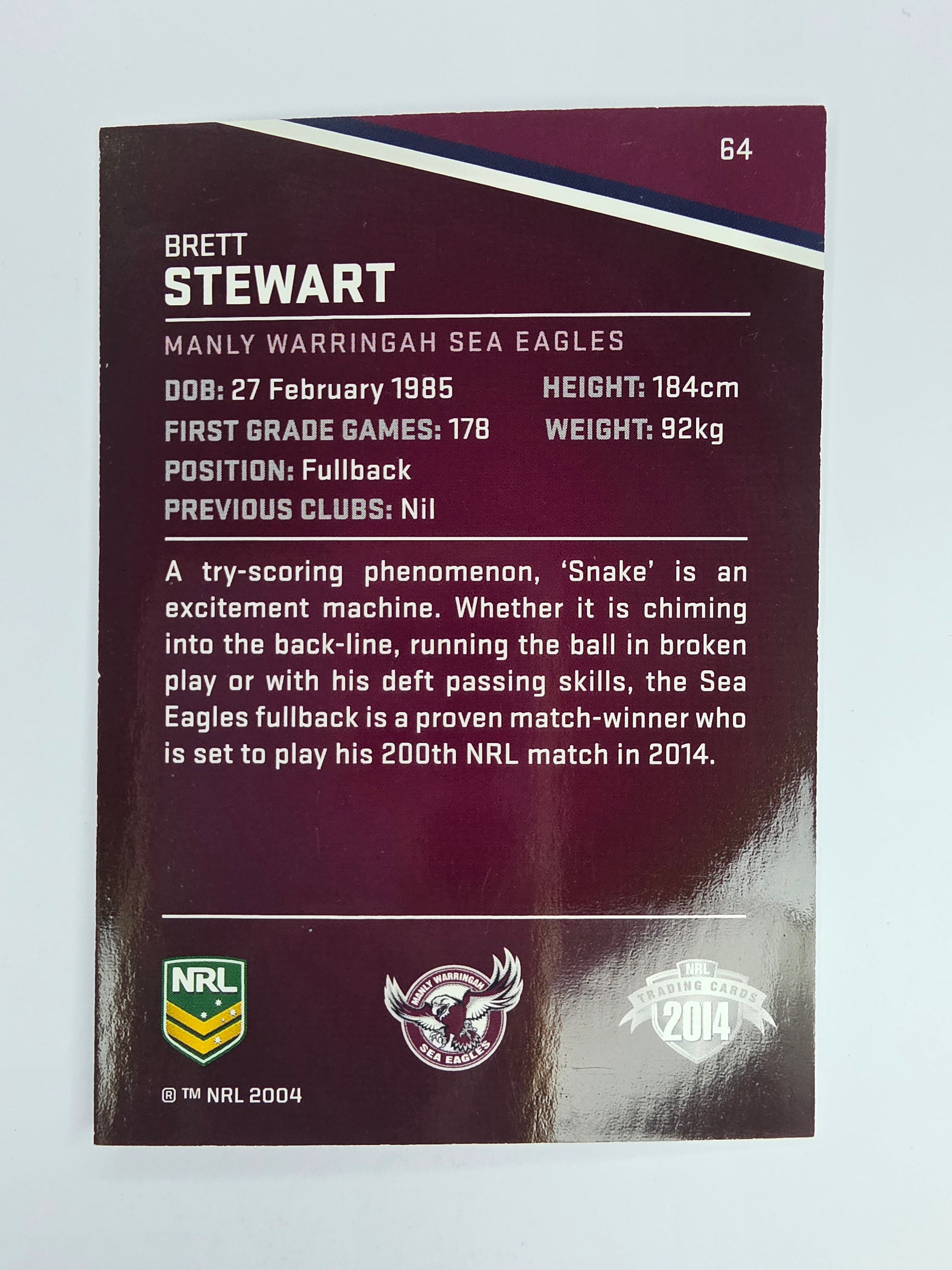 NRL 2014 Traders Base Card #64 Brett Stewart Manly Warringah Sea Eagles