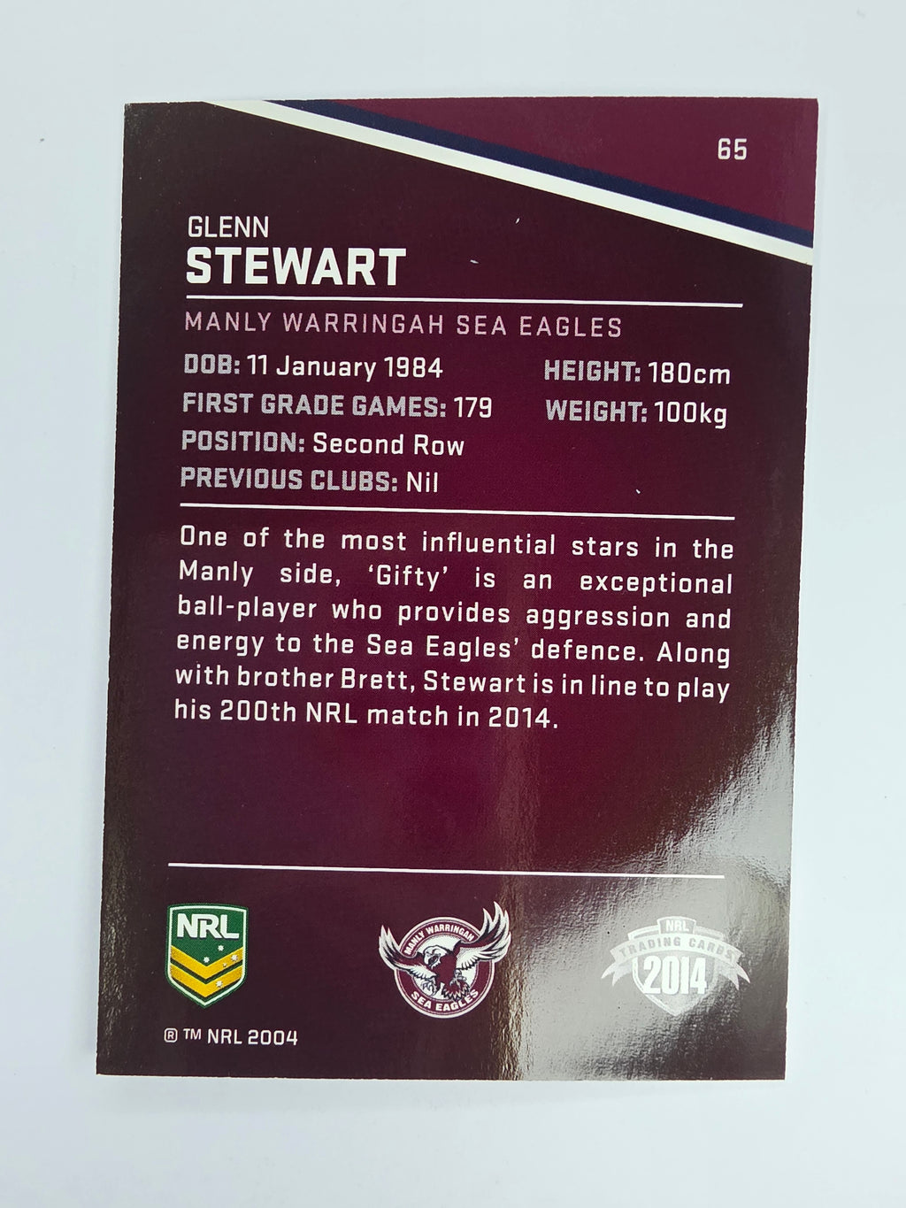 NRL 2014 Traders Base Card #65 Glenn Stewart Manly Warringah Sea Eagles
