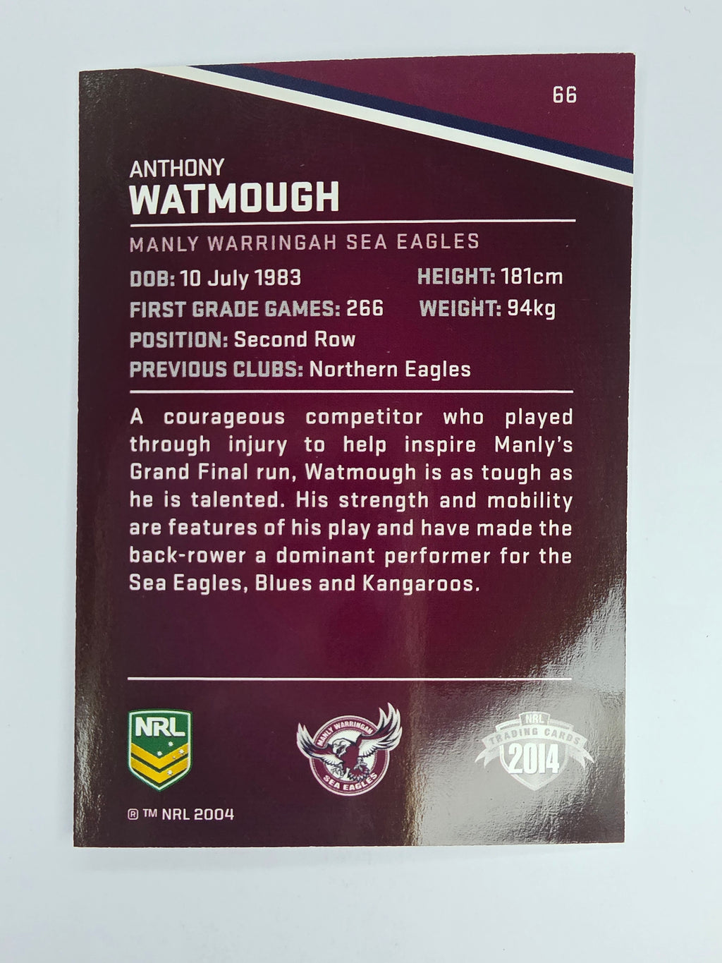 NRL 2014 Traders Base Card #66 Anthony Watmough Manly Warringah Sea Eagles
