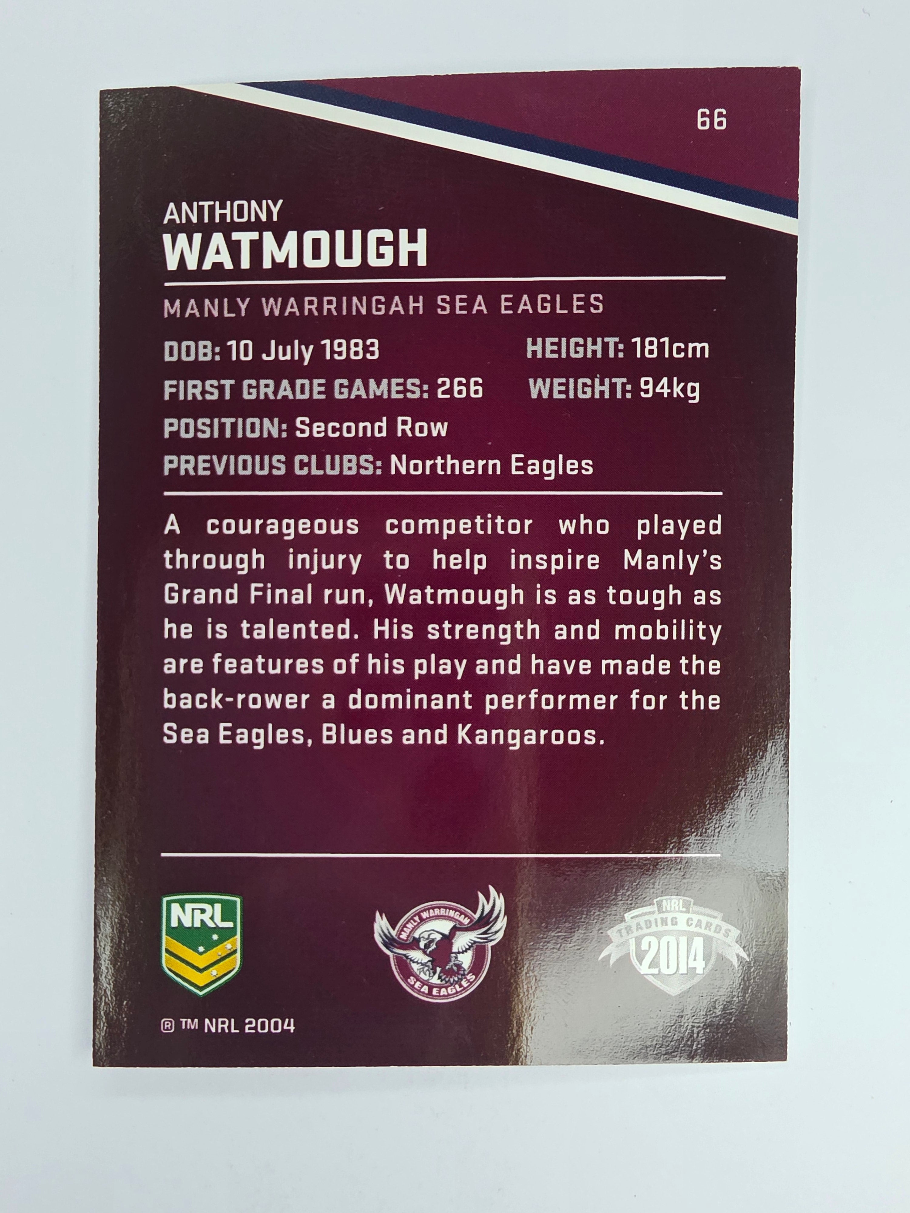 NRL 2014 Traders Base Card #66 Anthony Watmough Manly Warringah Sea Eagles