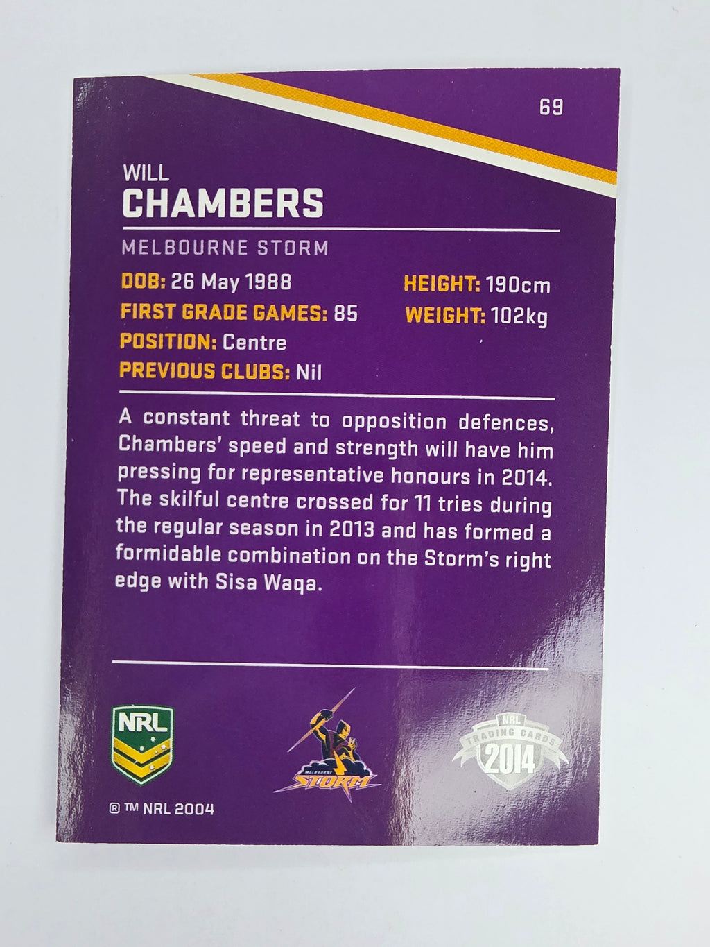 NRL 2014 Traders Base Card #69 Will Chambers Melbourne Storm