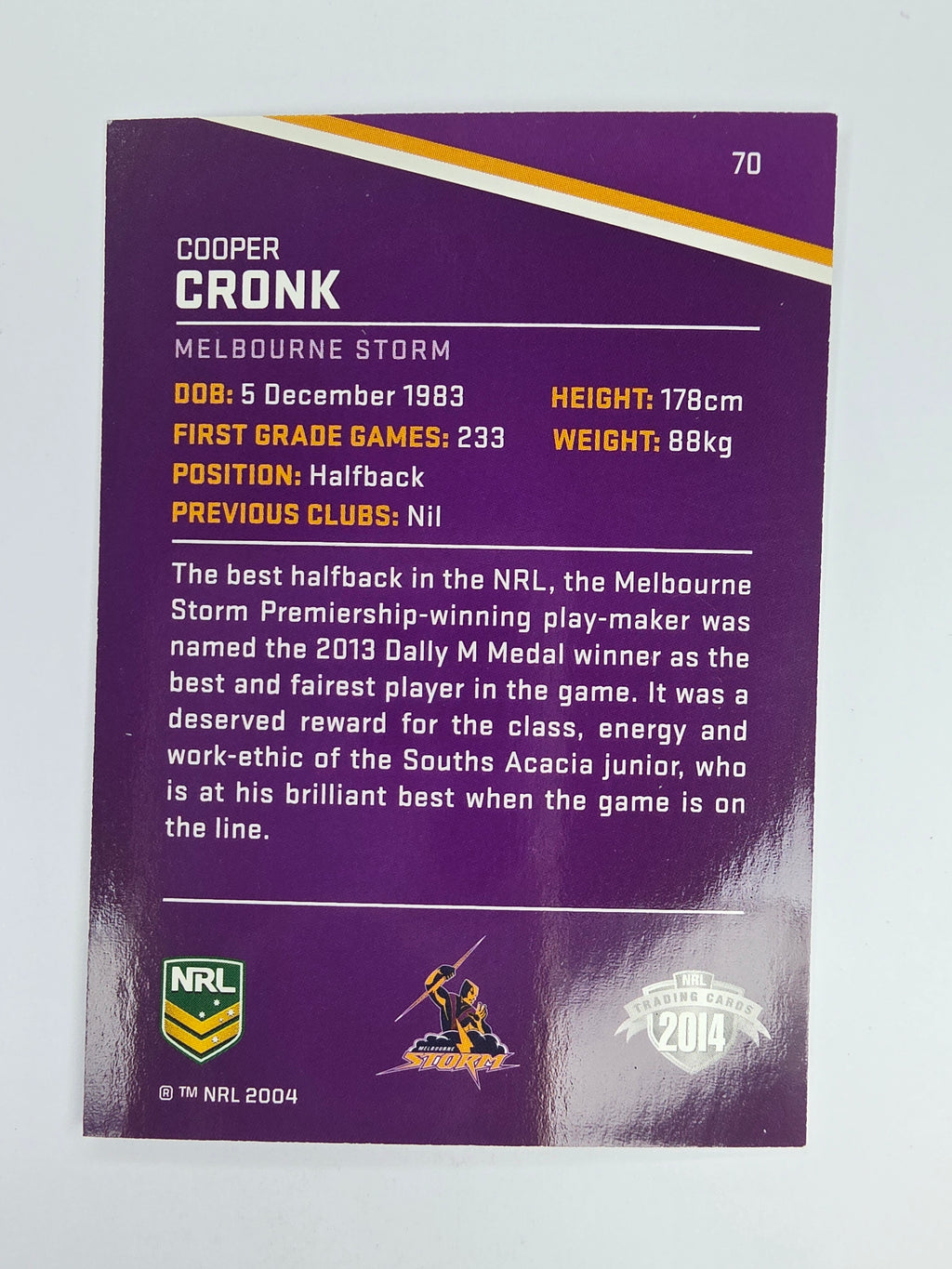 NRL 2014 Traders Base Card #70 Cooper Cronk Melbourne Storm