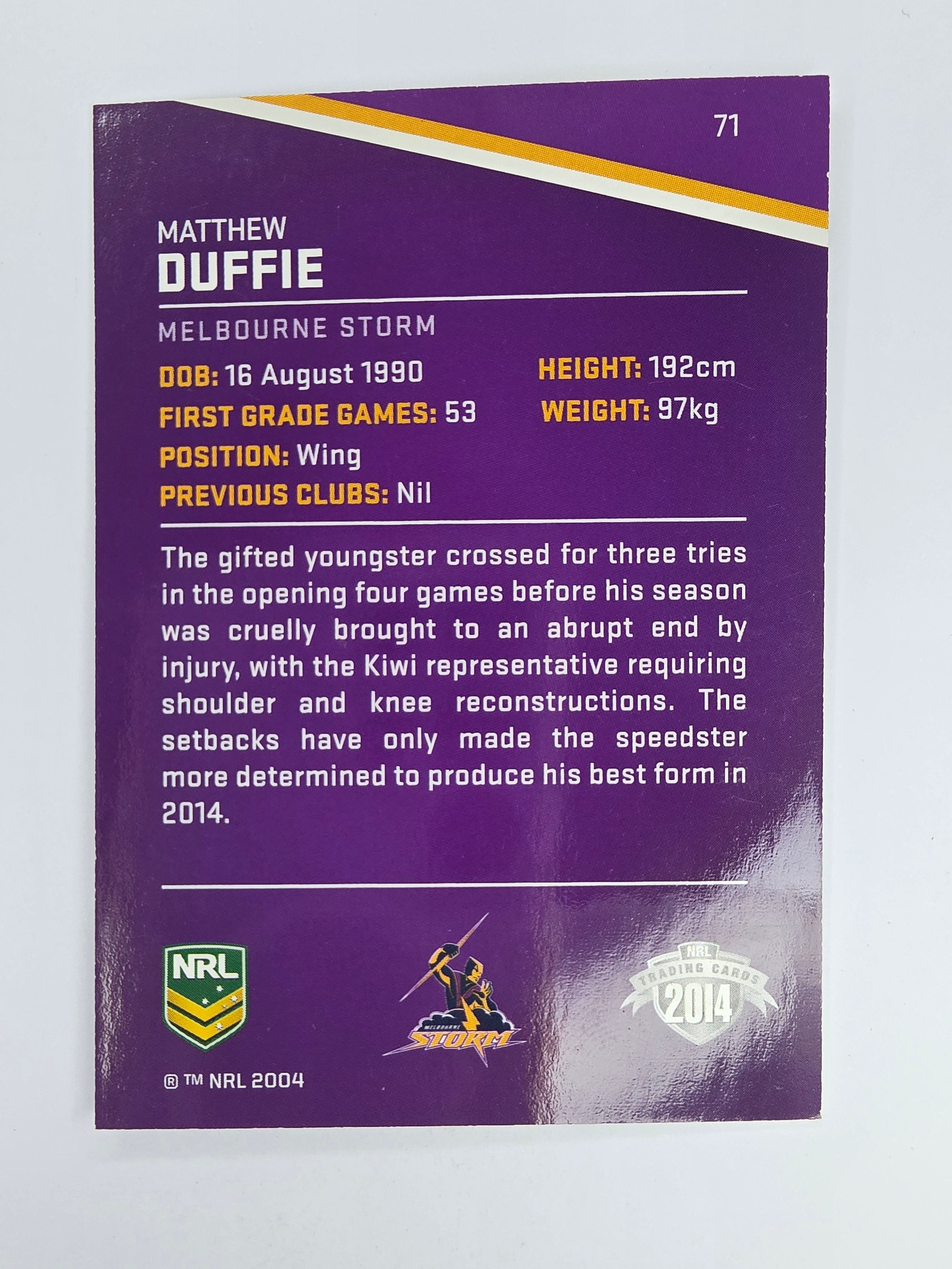NRL 2014 Traders Base Card #71 Matthew Duffie Melbourne Storm