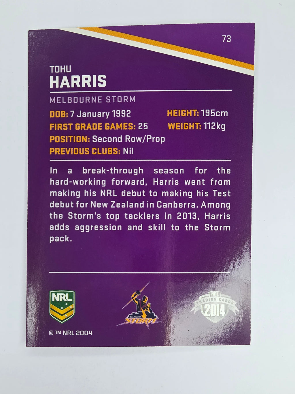 NRL 2014 Traders Base Card #73 Tohu Harris Melbourne Storm