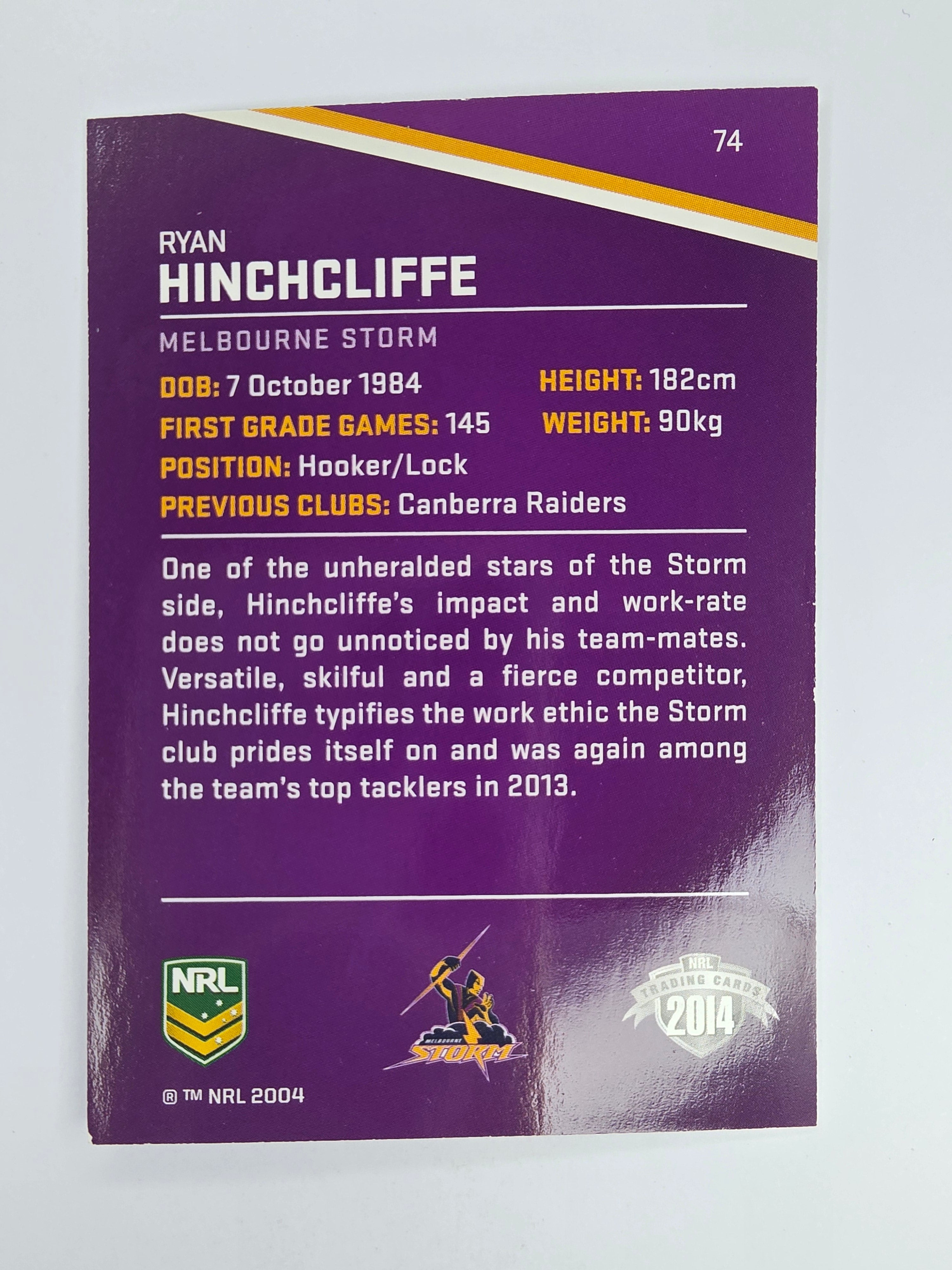 NRL 2014 Traders Base Card #74 Ryan Hinchcliffe Melbourne Storm