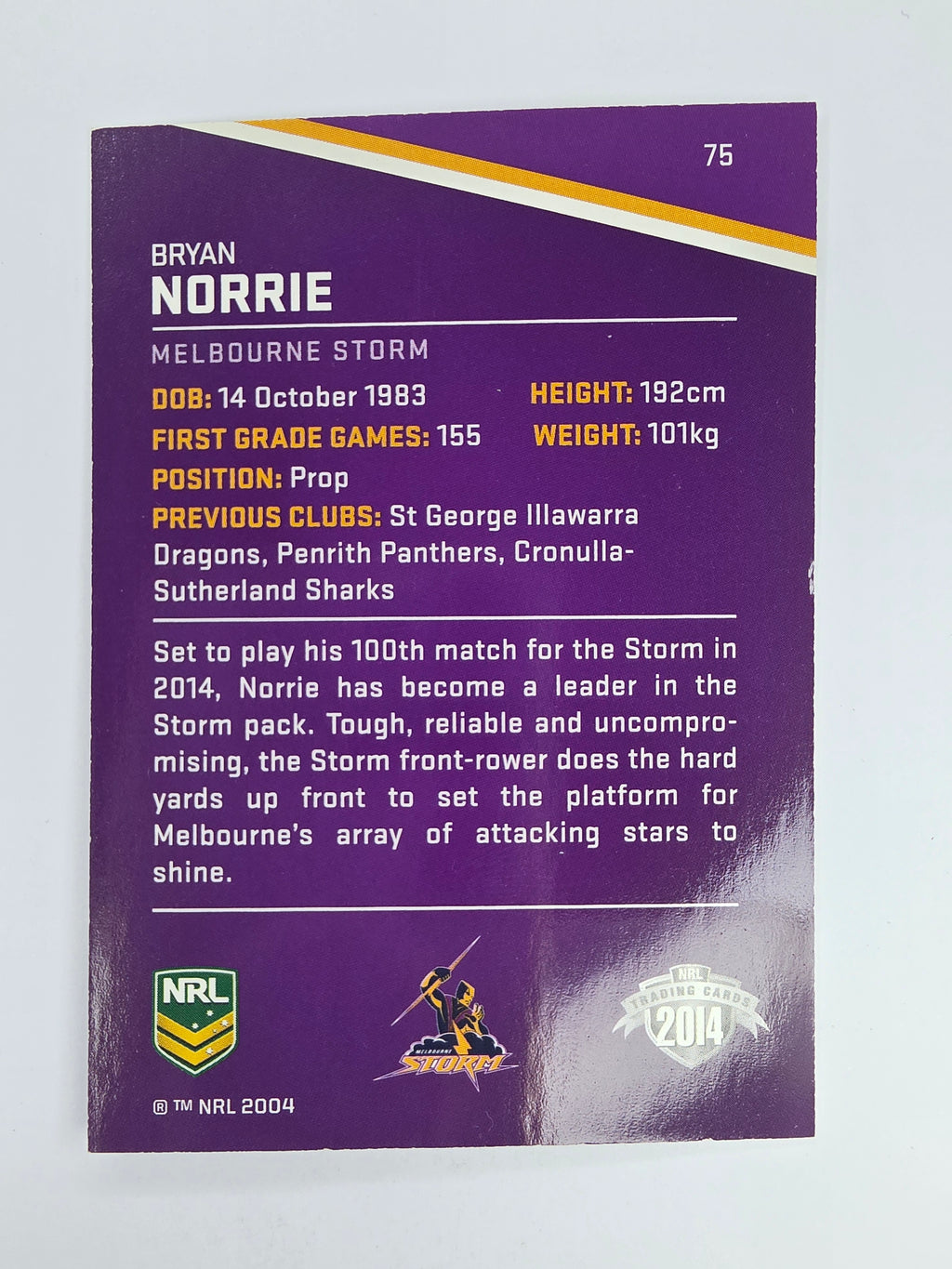 NRL 2014 Traders Base Card #75 Bryan Norrie Melbourne Storm