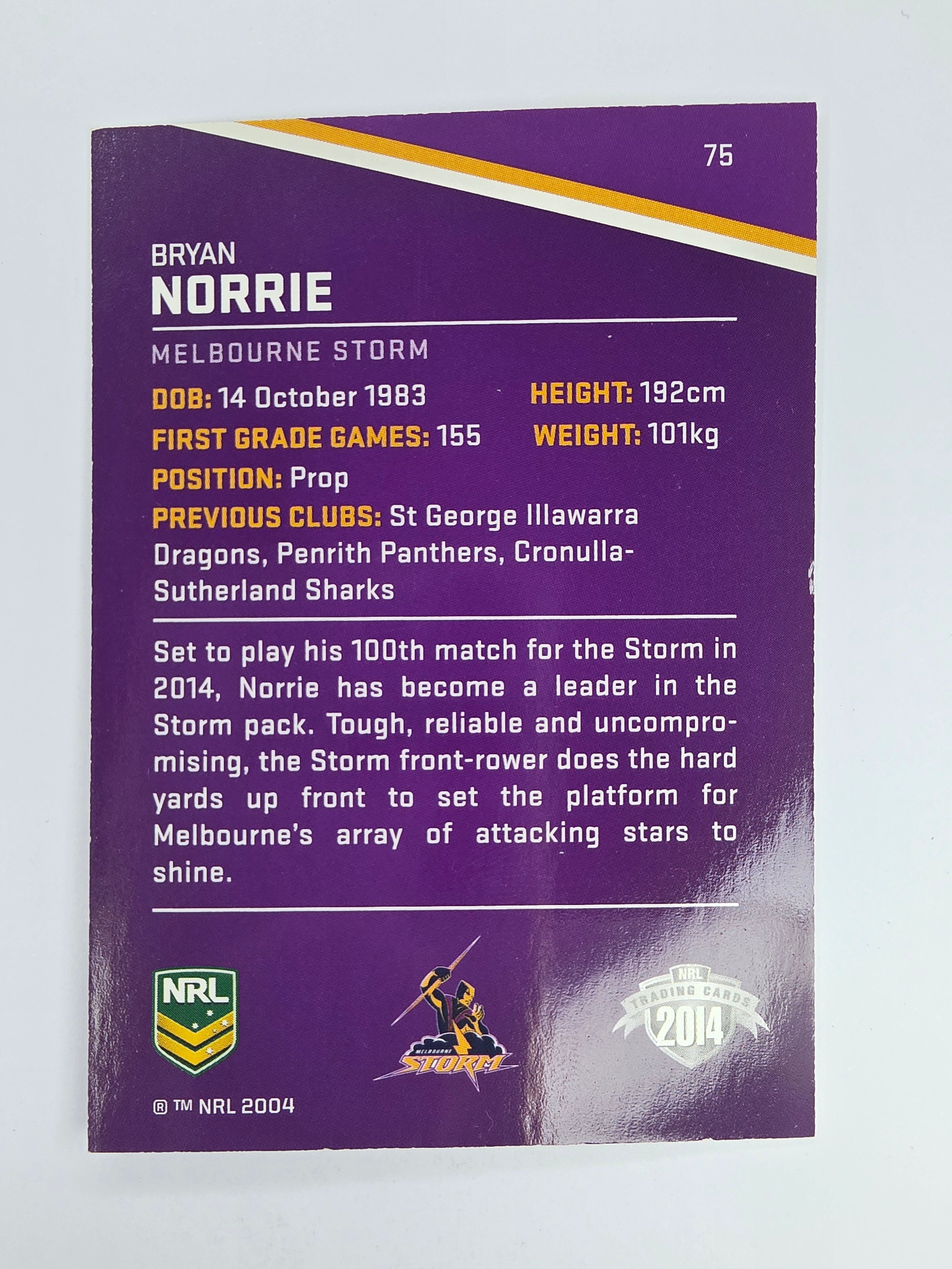 NRL 2014 Traders Base Card #75 Bryan Norrie Melbourne Storm