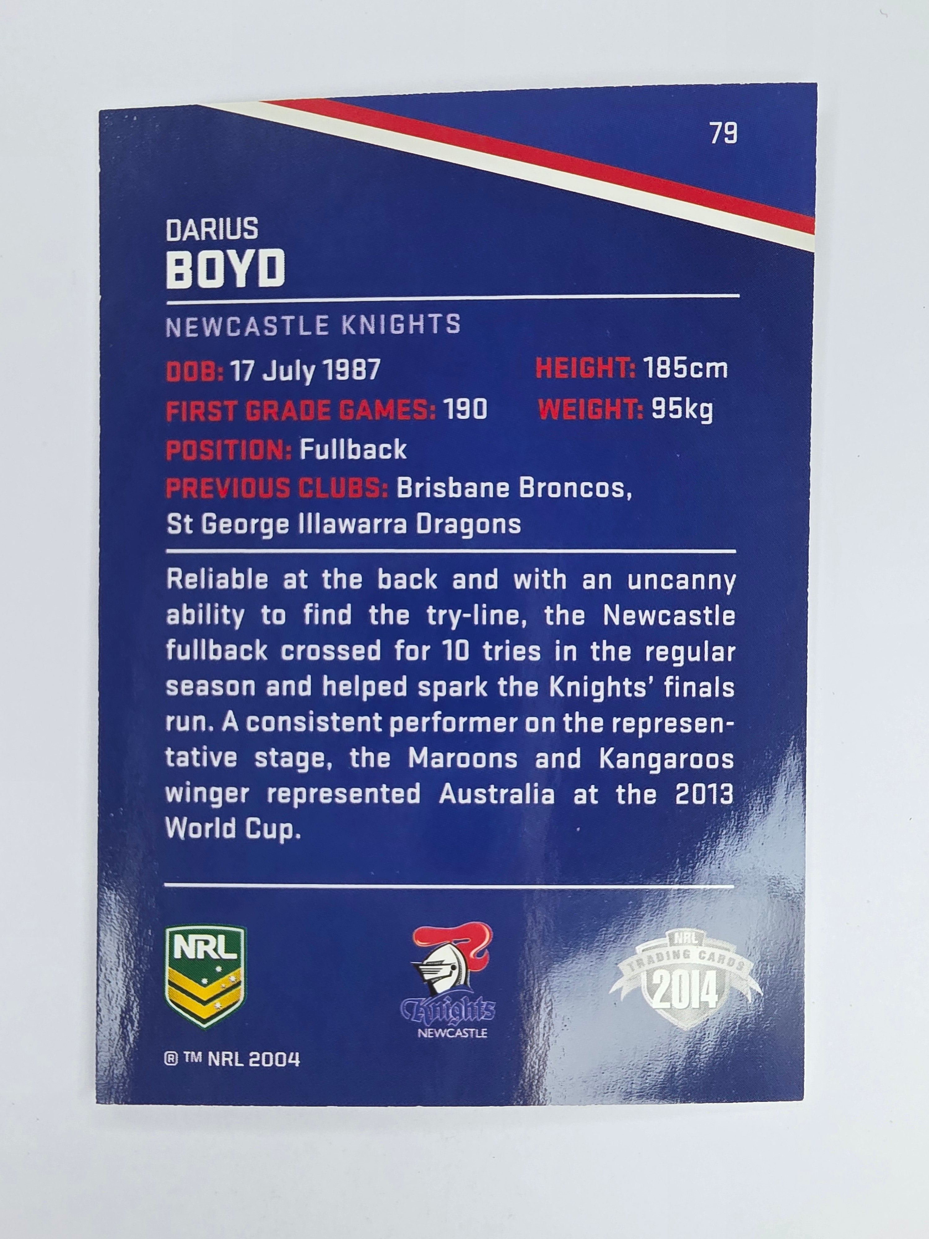 NRL 2014 Traders Base Card #79 Darius Boyd Newcastle Knights