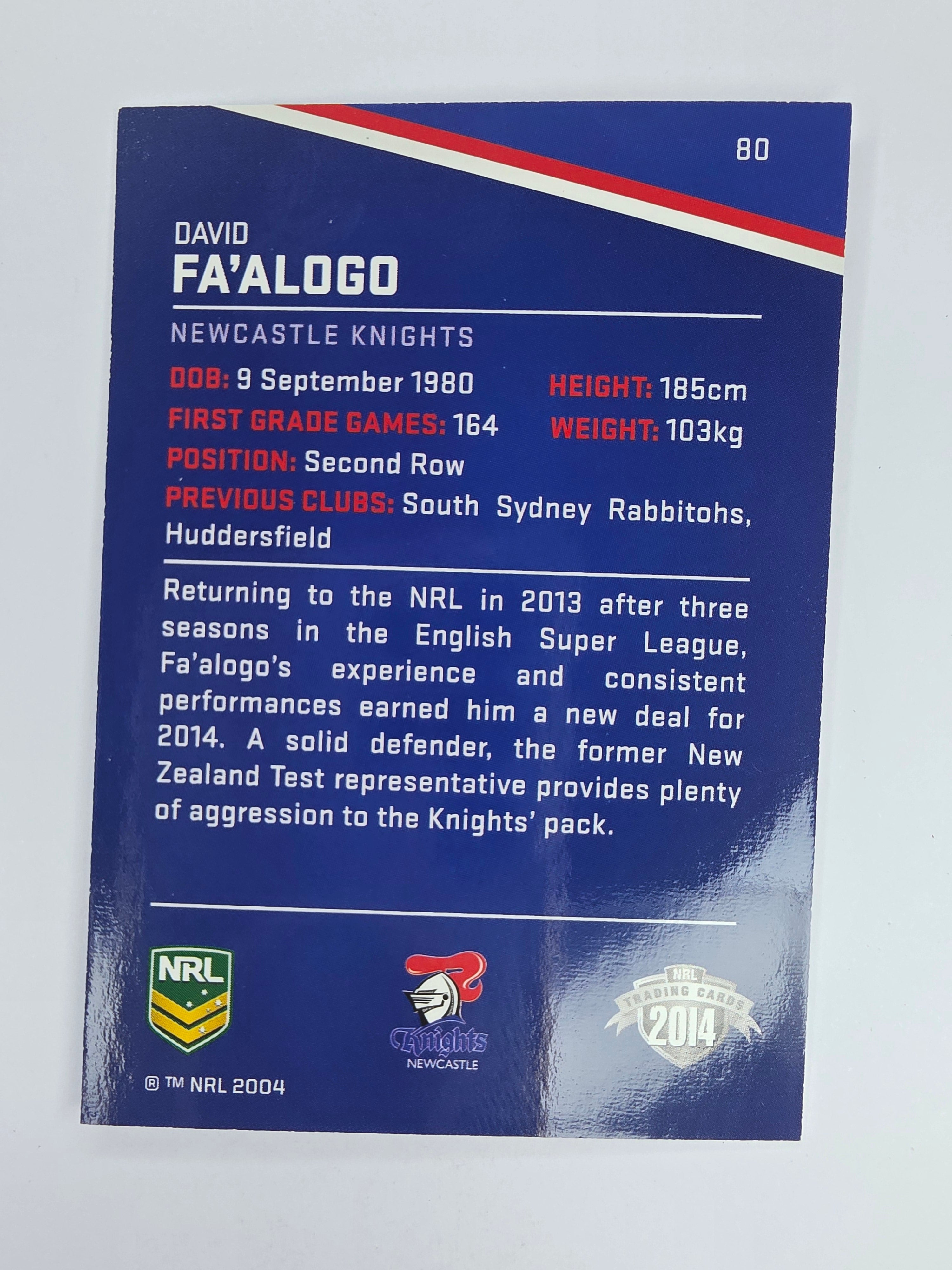 NRL 2014 Traders Base Card #80 David Fa’alogo Newcastle Knights