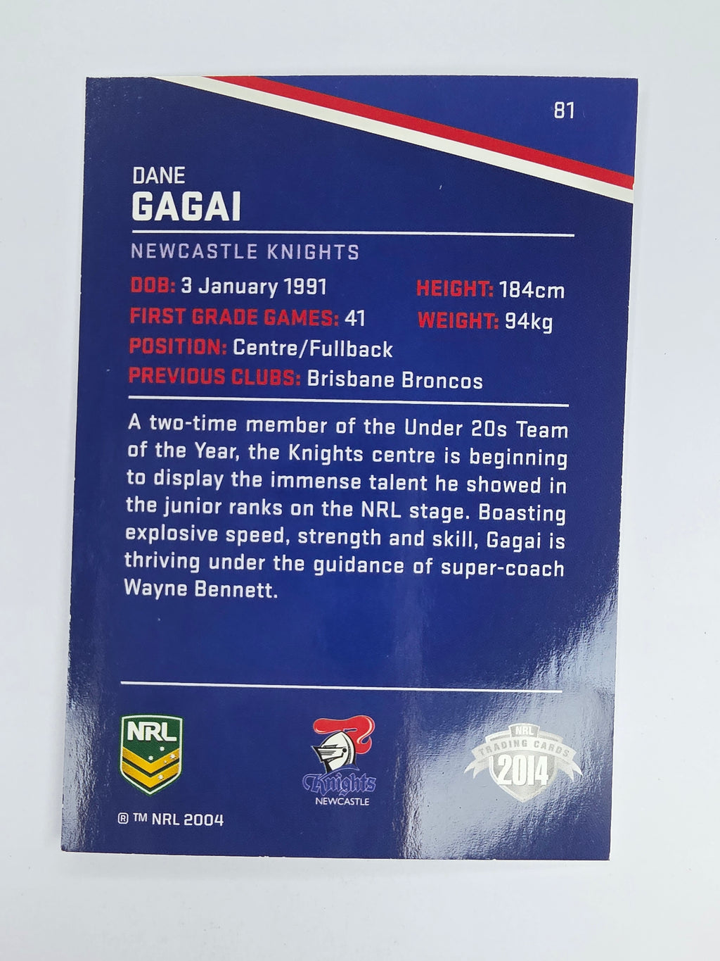 NRL 2014 Traders Base Card #81 Dane Gagai Newcastle Knights
