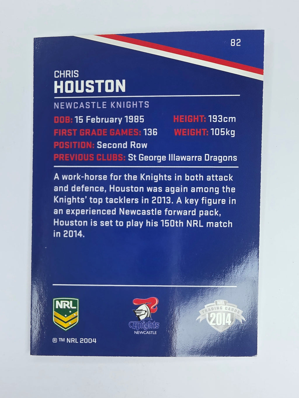 NRL 2014 Traders Base Card #82 Chris Houston Newcastle Knights