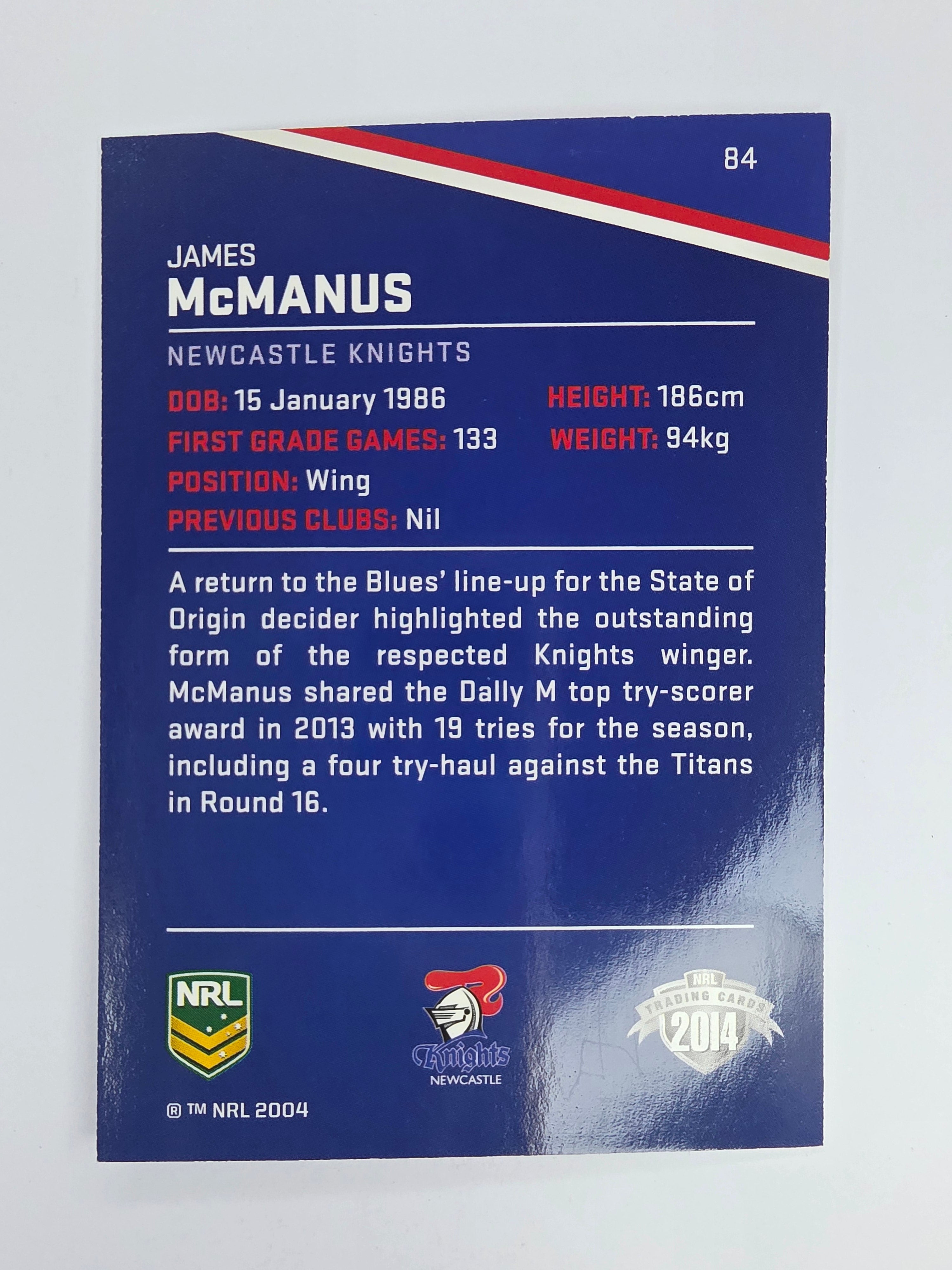 NRL 2014 Traders Base Card #84 James McManus Newcastle Knights