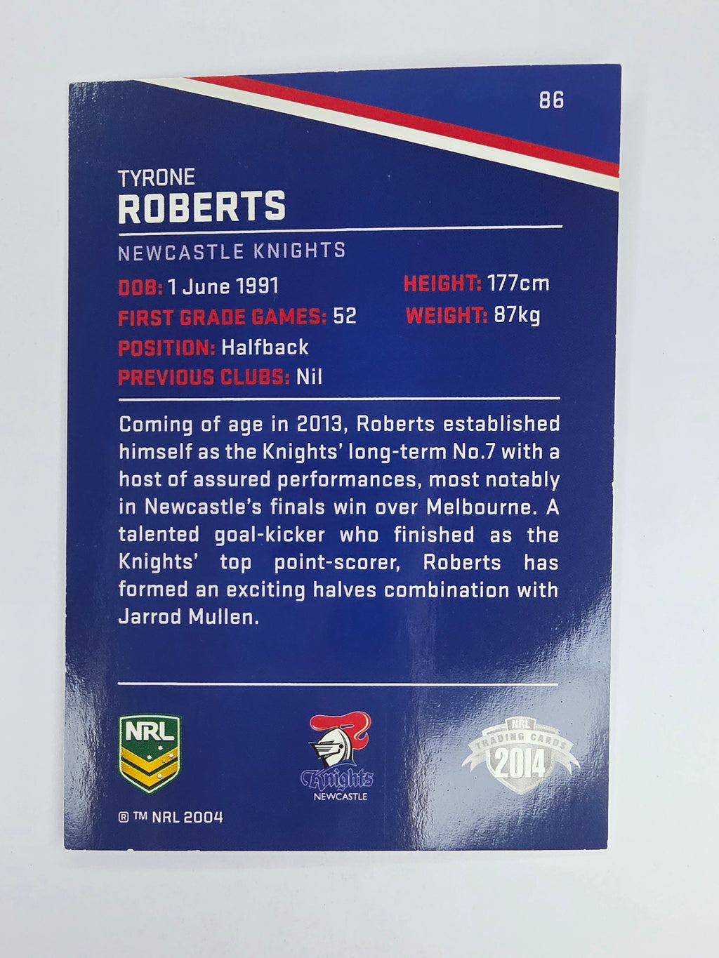 NRL 2014 Traders Base Card #86 Tyrone Roberts Newcastle Knights