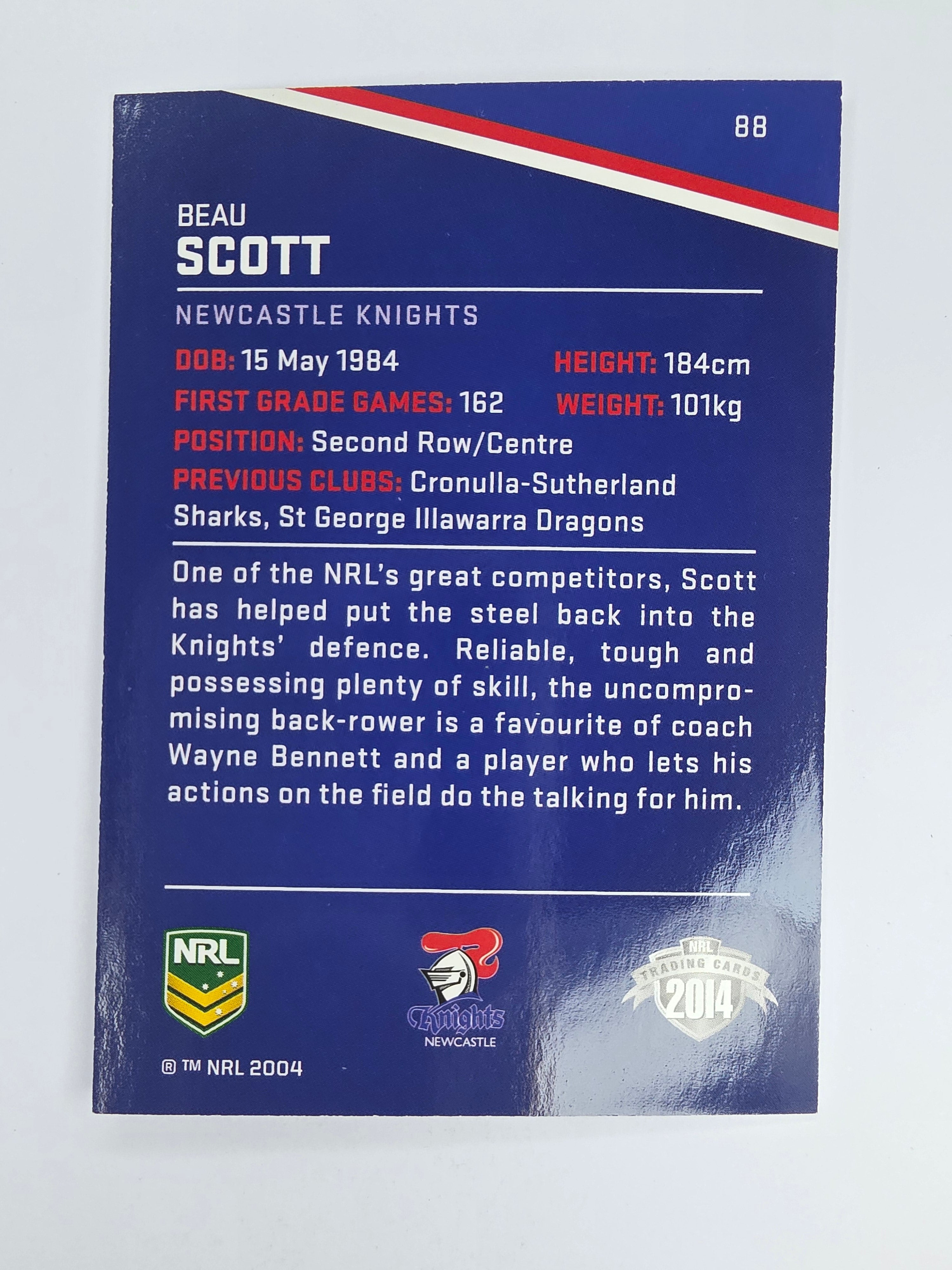 NRL 2014 Traders Base Card #88 Beau Scott Newcastle Knights