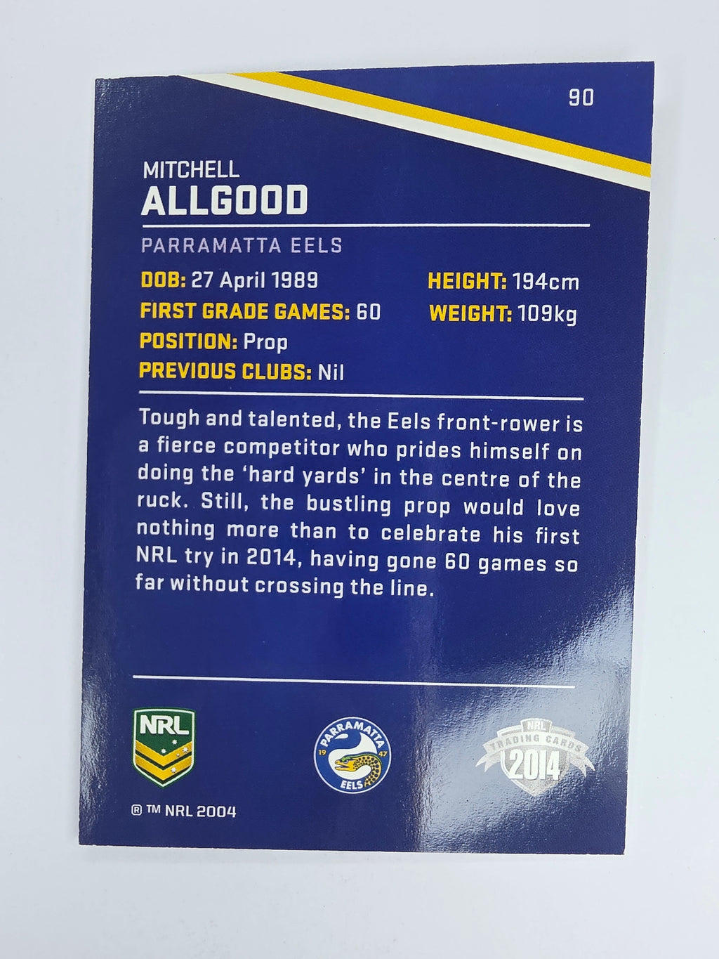 NRL 2014 Traders Base Card #90 Mitchell Allgood Parramatta Eels