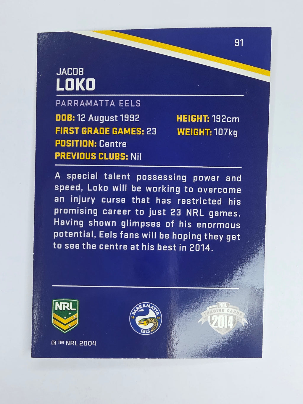 NRL 2014 Traders Base Card #91 Jacob Loko Parramatta Eels