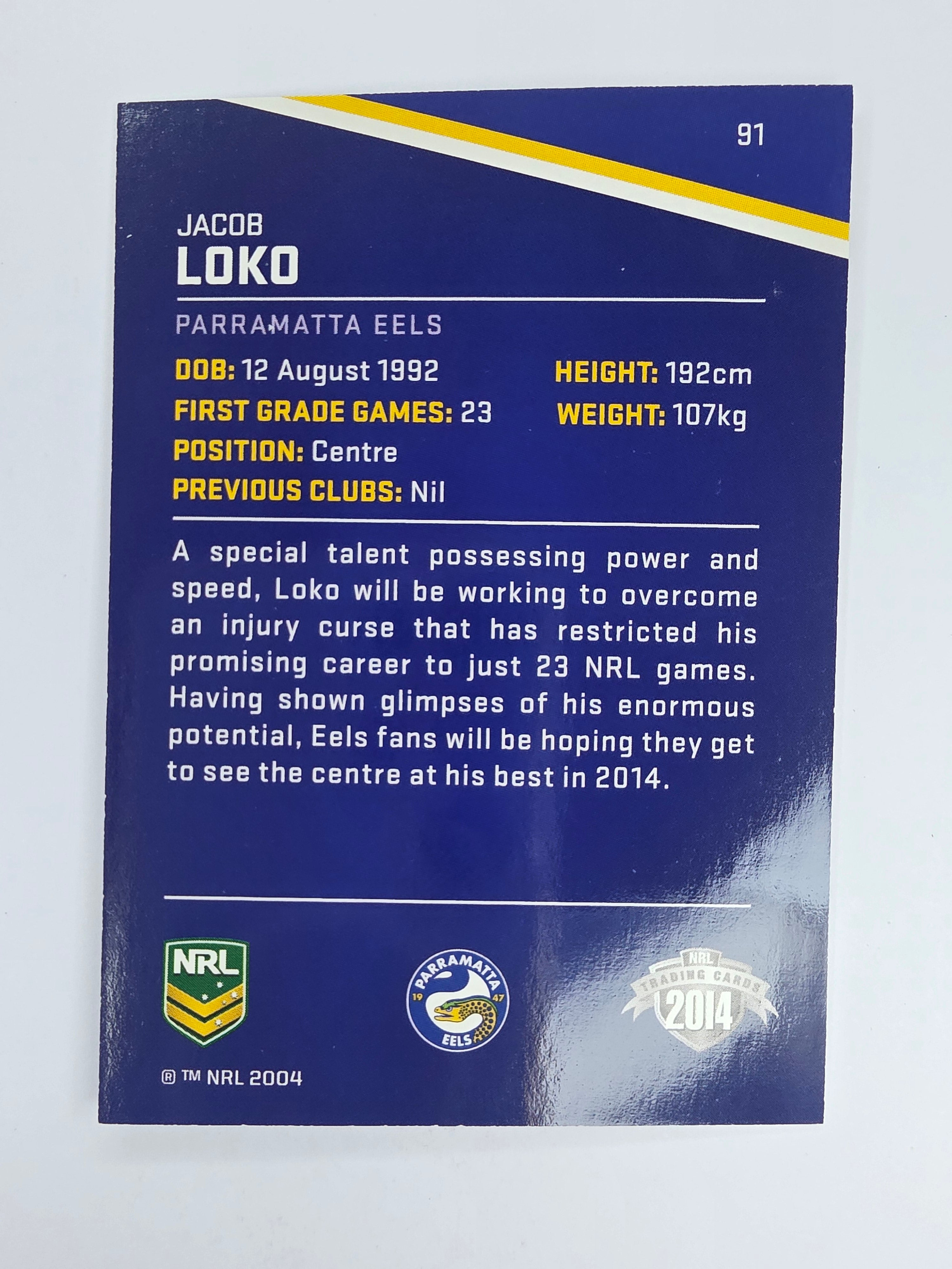 NRL 2014 Traders Base Card #91 Jacob Loko Parramatta Eels