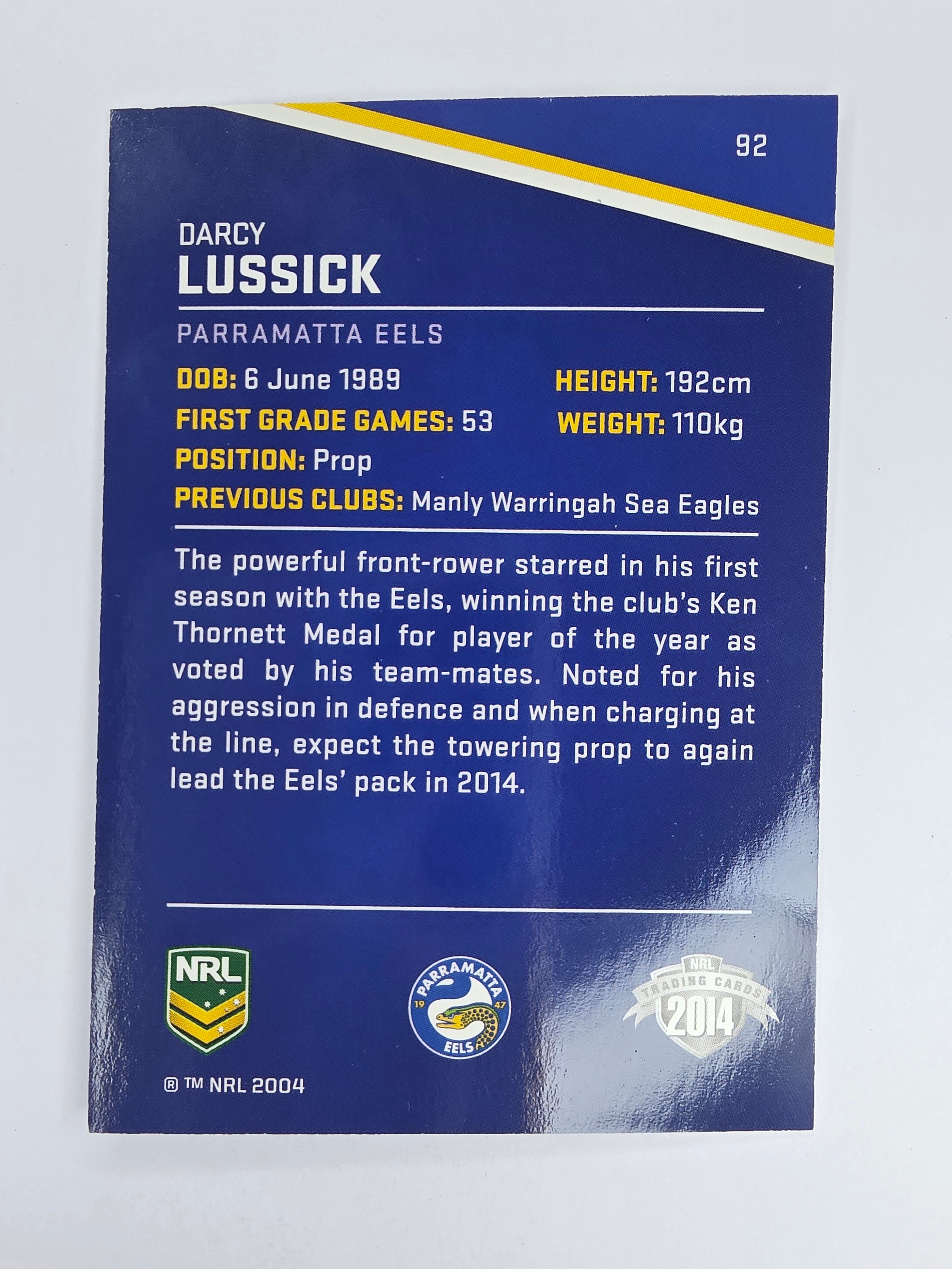 NRL 2014 Traders Base Card #92 Darcy Lussick Parramatta Eels