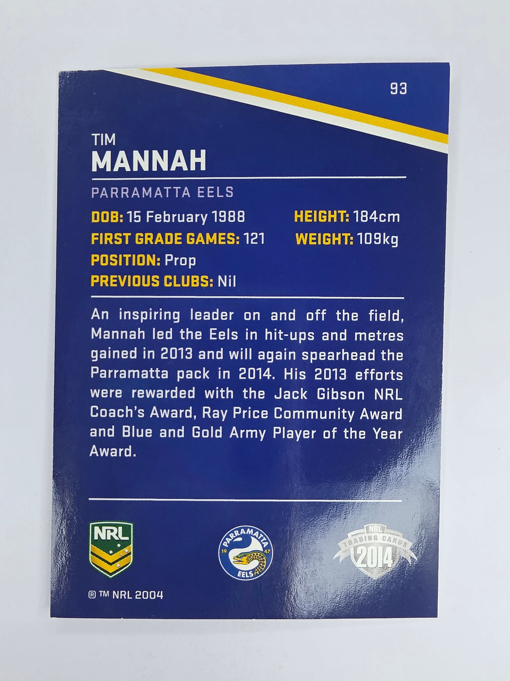 NRL 2014 Traders Base Card #93 Tim Mannah Parramatta Eels