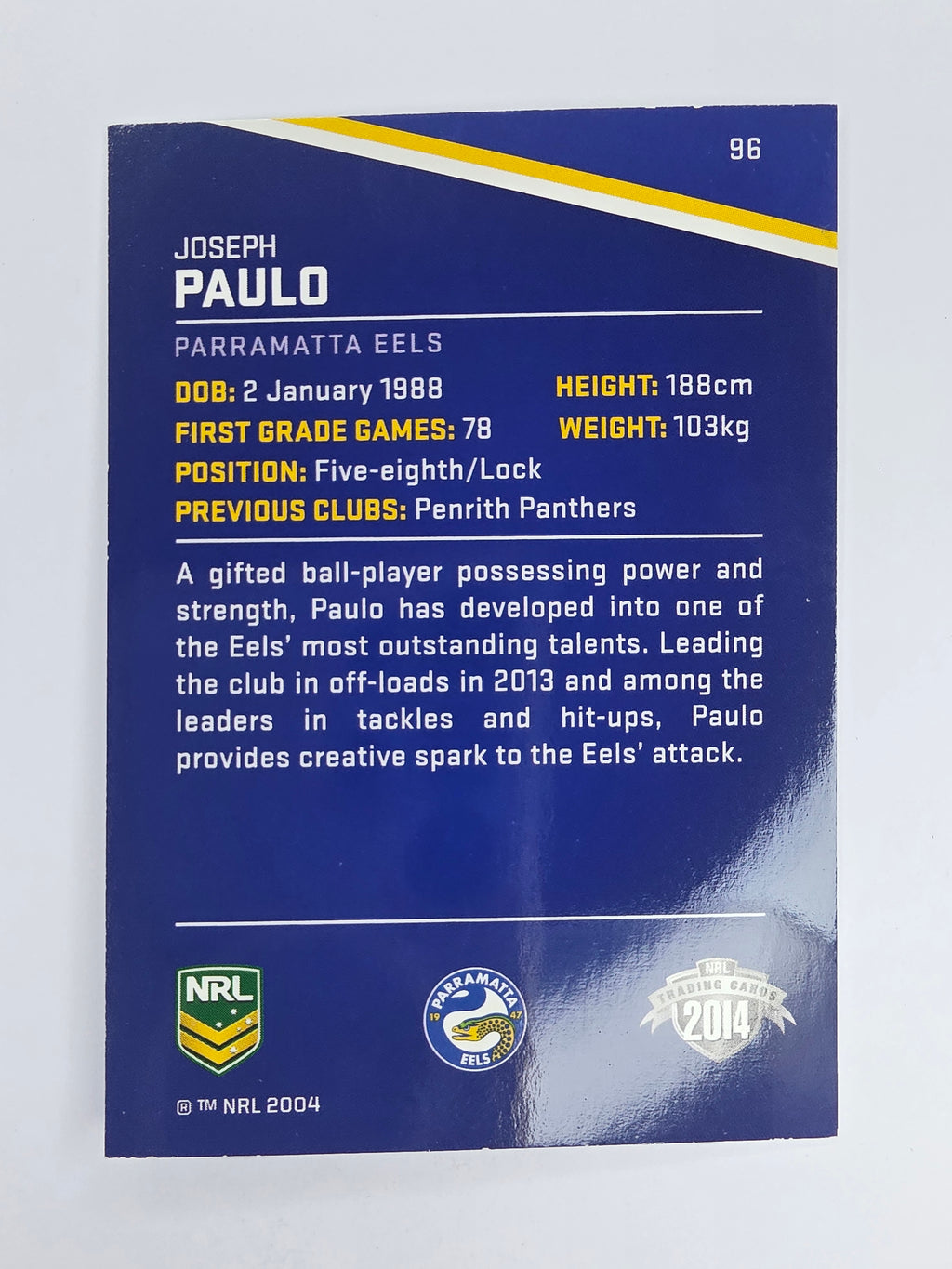 NRL 2014 Traders Base Card #96 Joseph Paulo Parramatta Eels