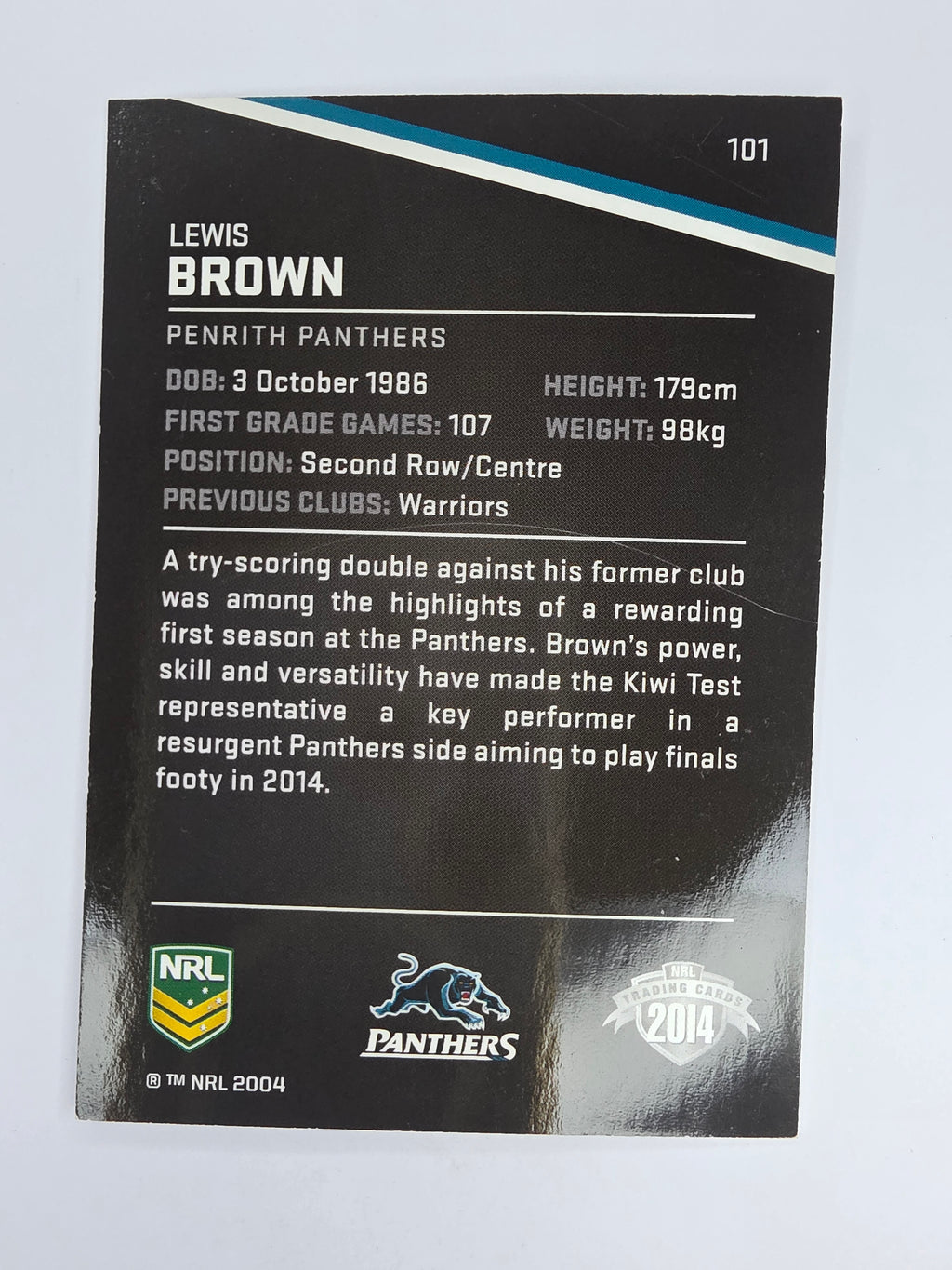 NRL 2014 Traders Base Card #101 Lewis Brown Penrith Panthers