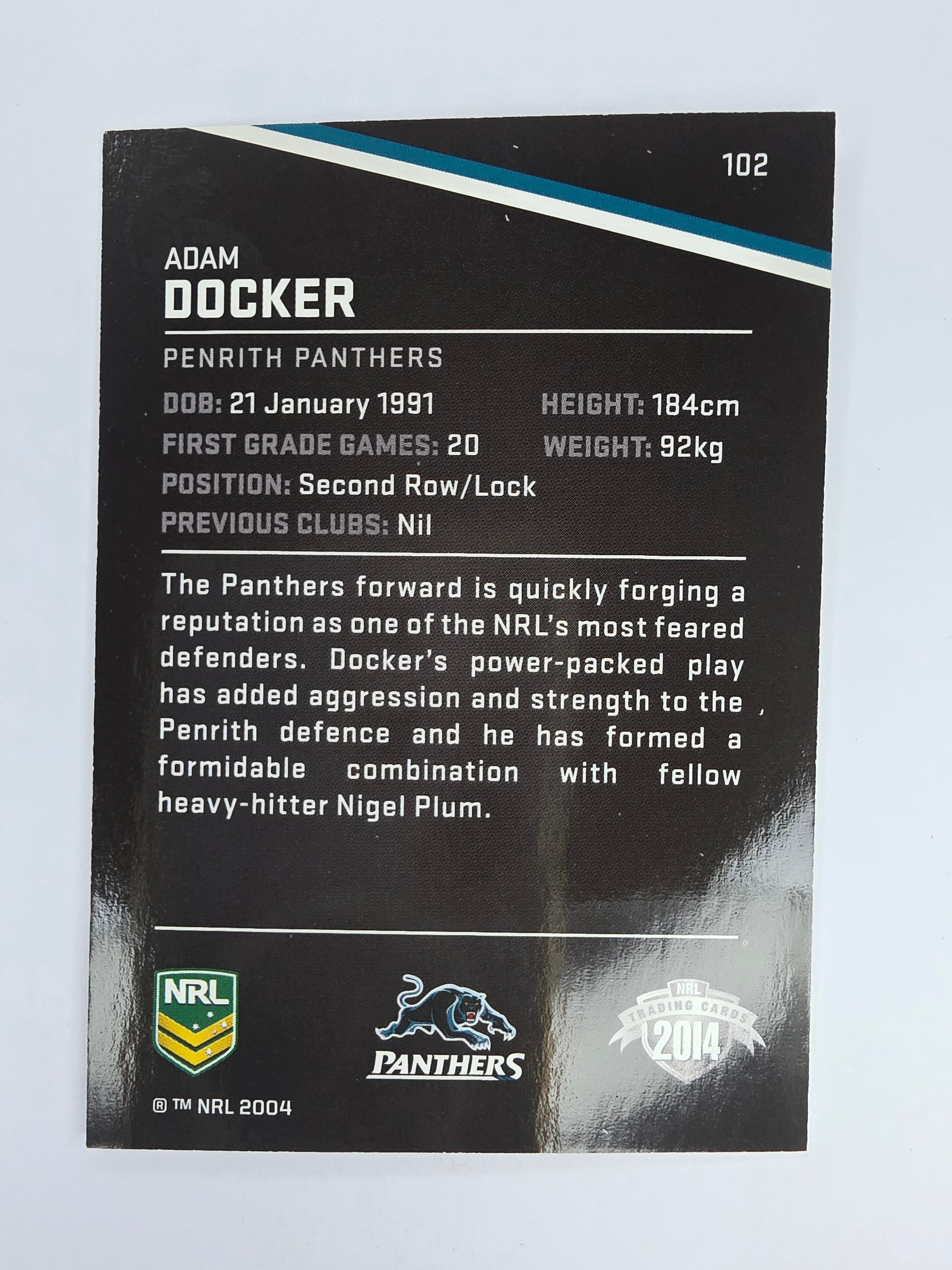 NRL 2014 Traders Base Card #102 Adam Docker Penrith Panthers