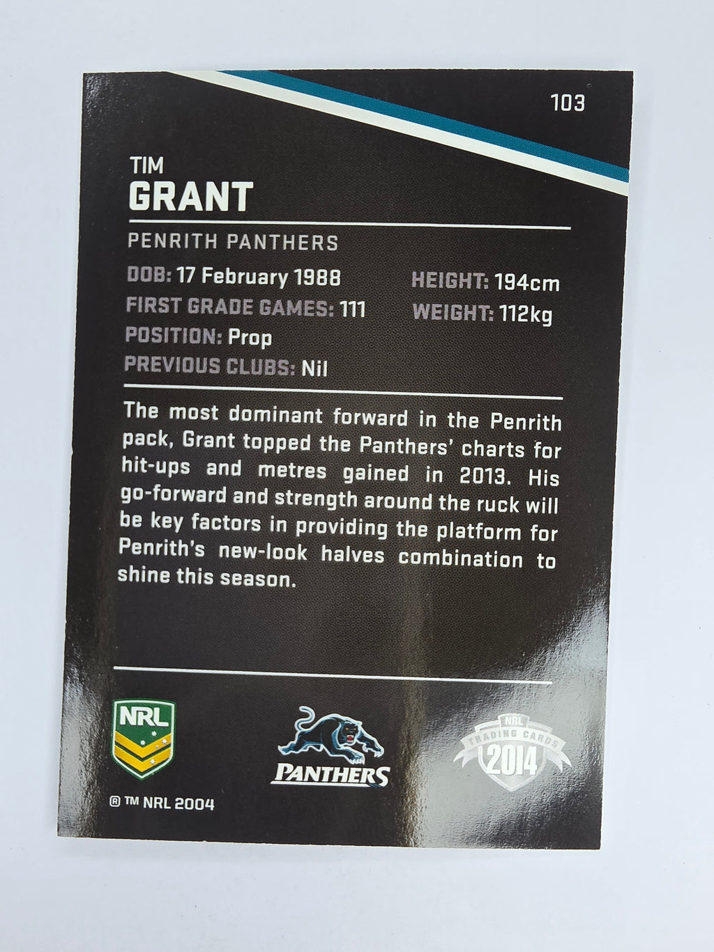 NRL 2014 Traders Base Card #103 Tim Grant Penrith Panthers