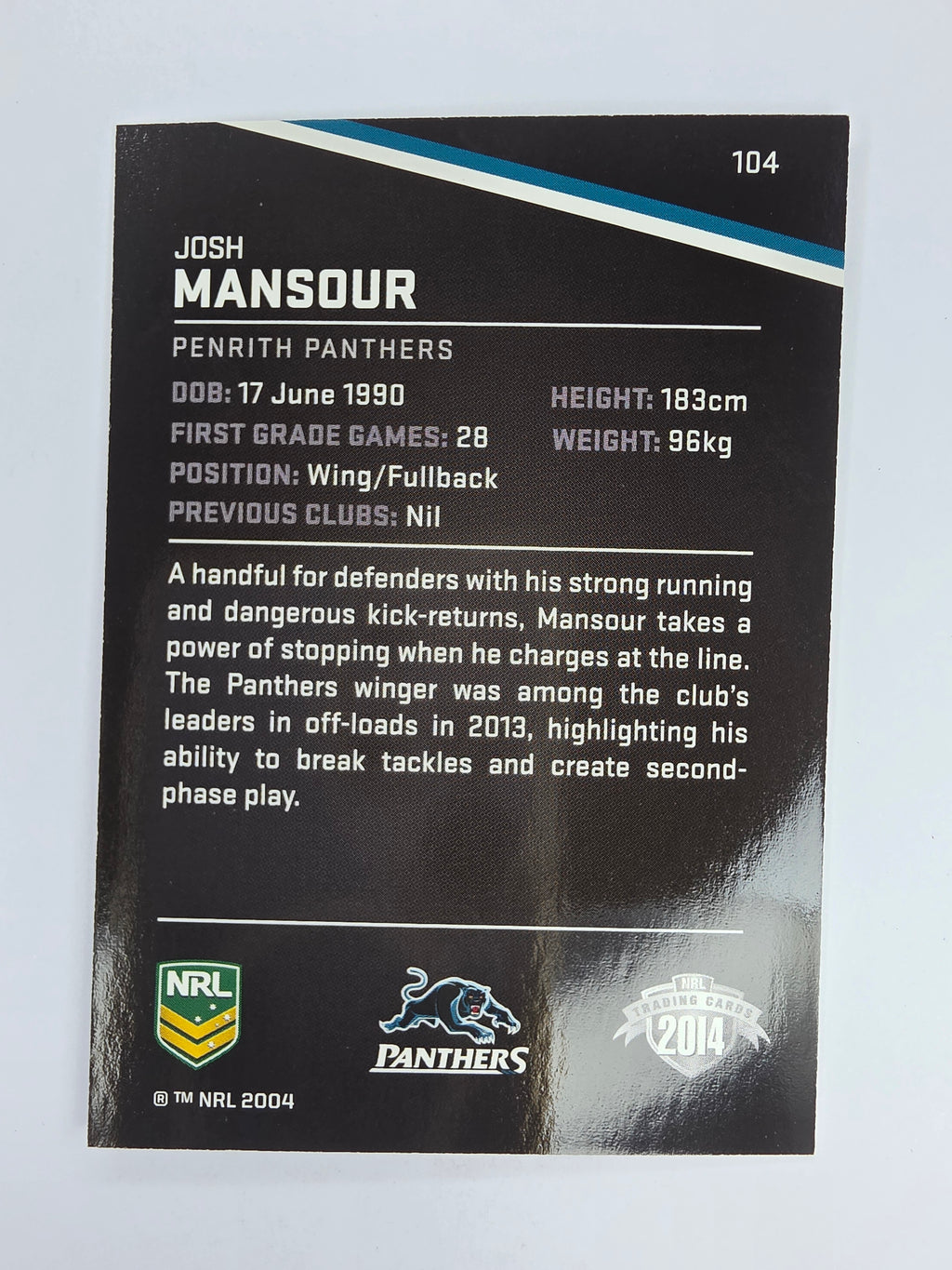 NRL 2014 Traders Base Card #104 Josh Mansour Penrith Panthers