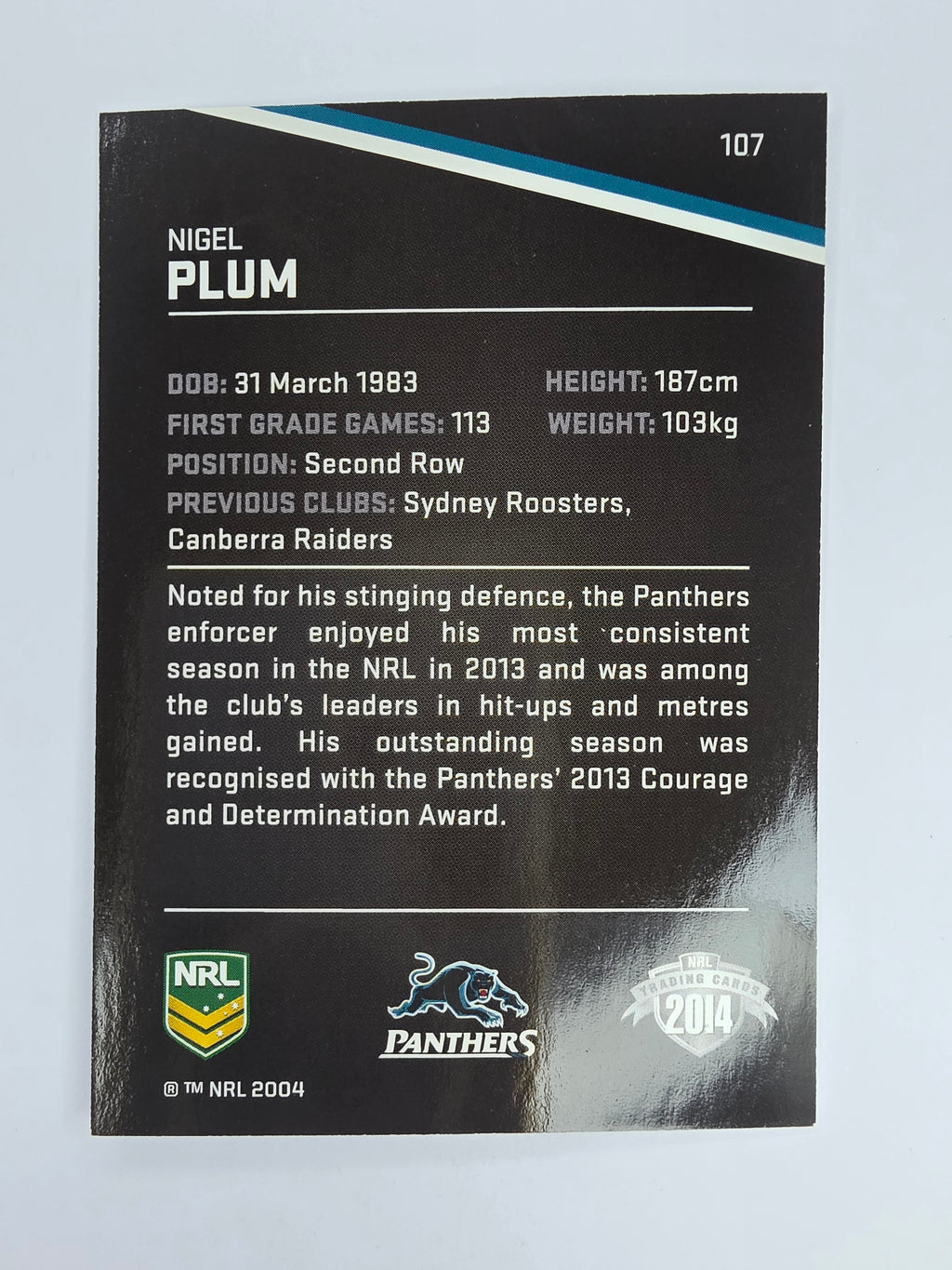 NRL 2014 Traders Base Card #107 Nigel Plum Penrith Panthers