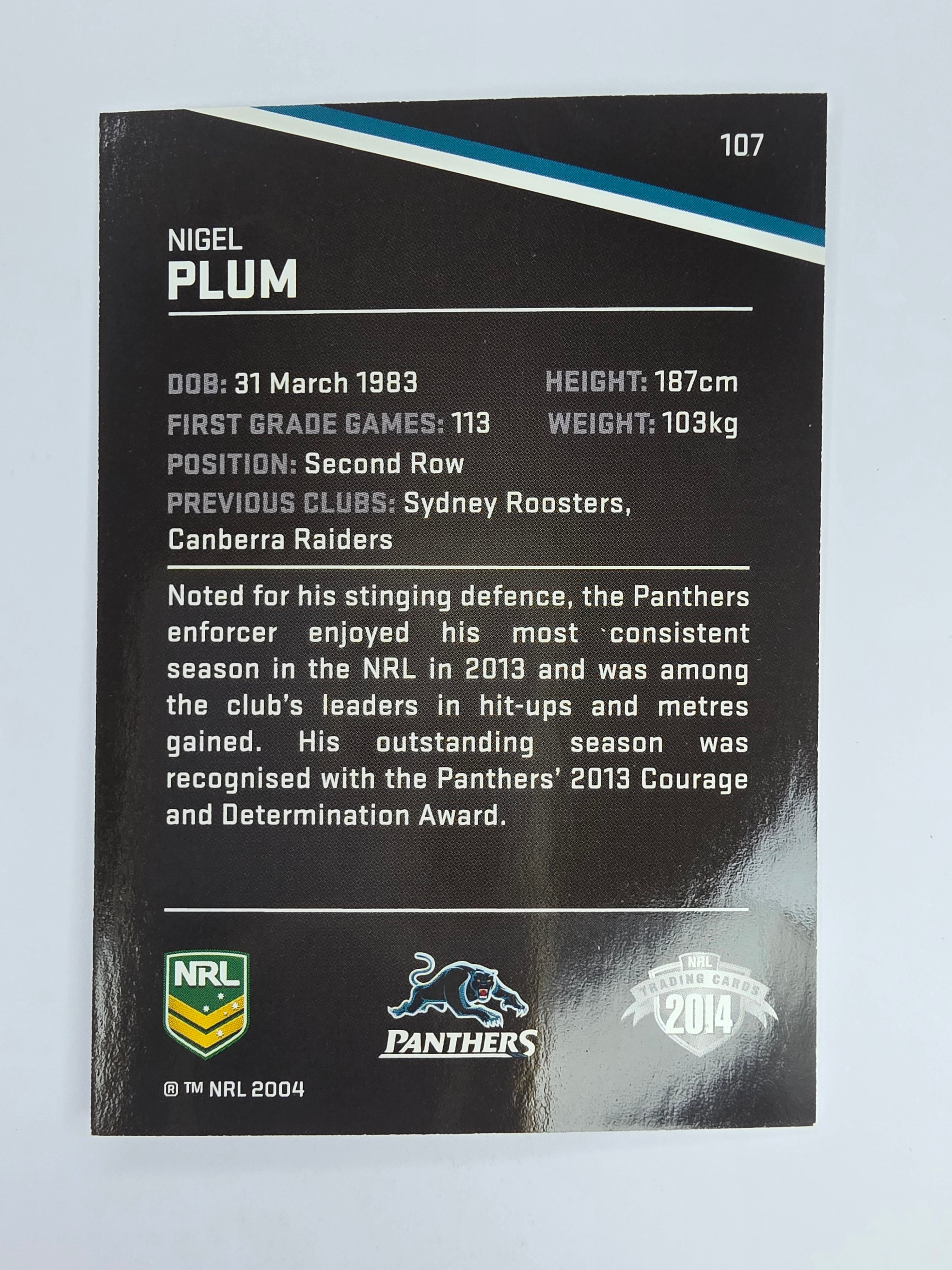 NRL 2014 Traders Base Card #107 Nigel Plum Penrith Panthers
