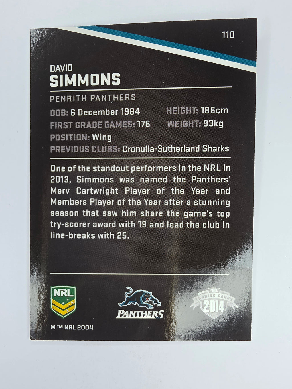 NRL 2014 Traders Base Card #110 David Simmons Penrith Panthers