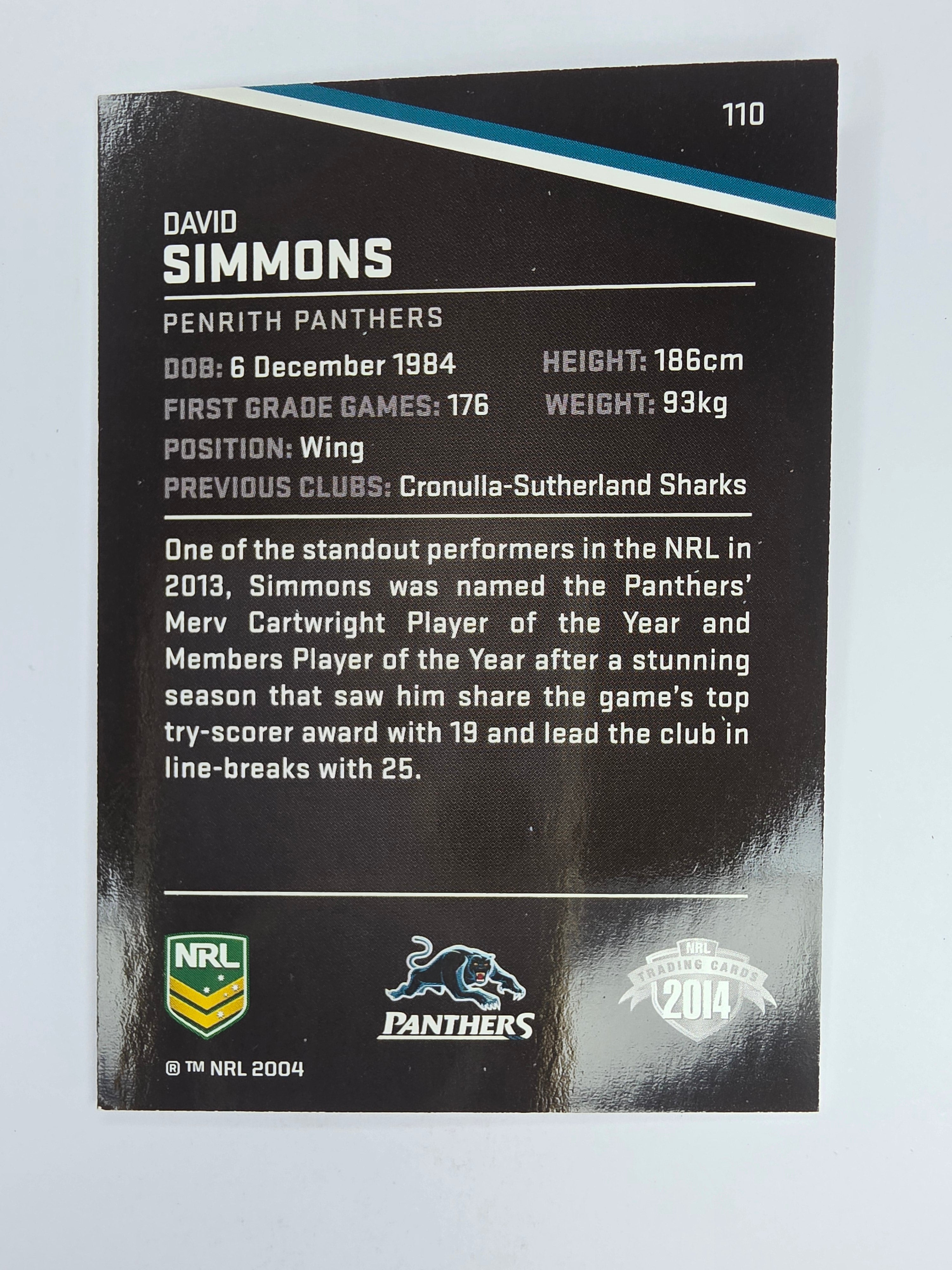 NRL 2014 Traders Base Card #110 David Simmons Penrith Panthers