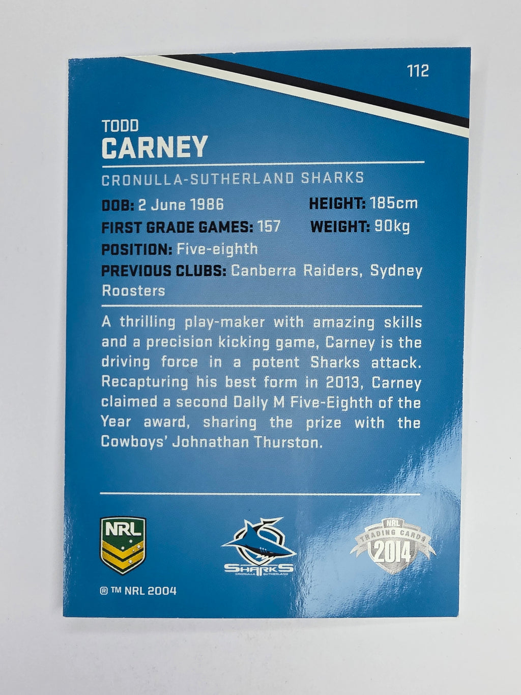NRL 2014 Traders Base Card #112 Todd Carney Cronulla Sutherland Sharks