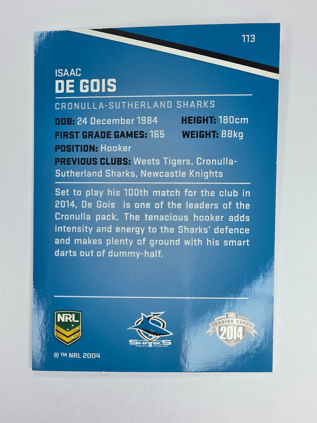 NRL 2014 Traders Base Card #113 Isaac De Gois Cronulla Sutherland Sharks